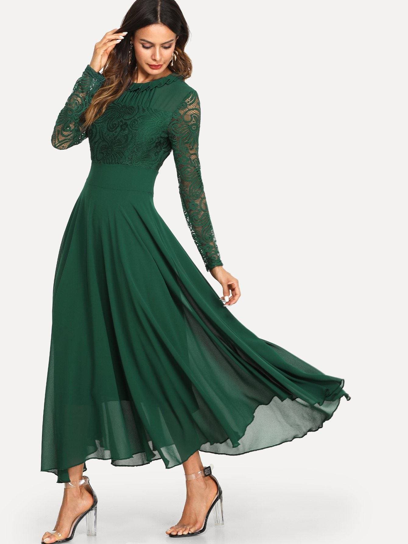 Round Neck Long Sleeve Contrast Lace Buttoned Keyhole Dress