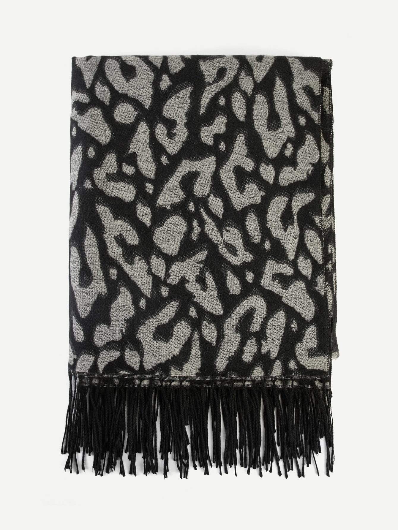 Grey Polyester Fringe Hem Scarf
