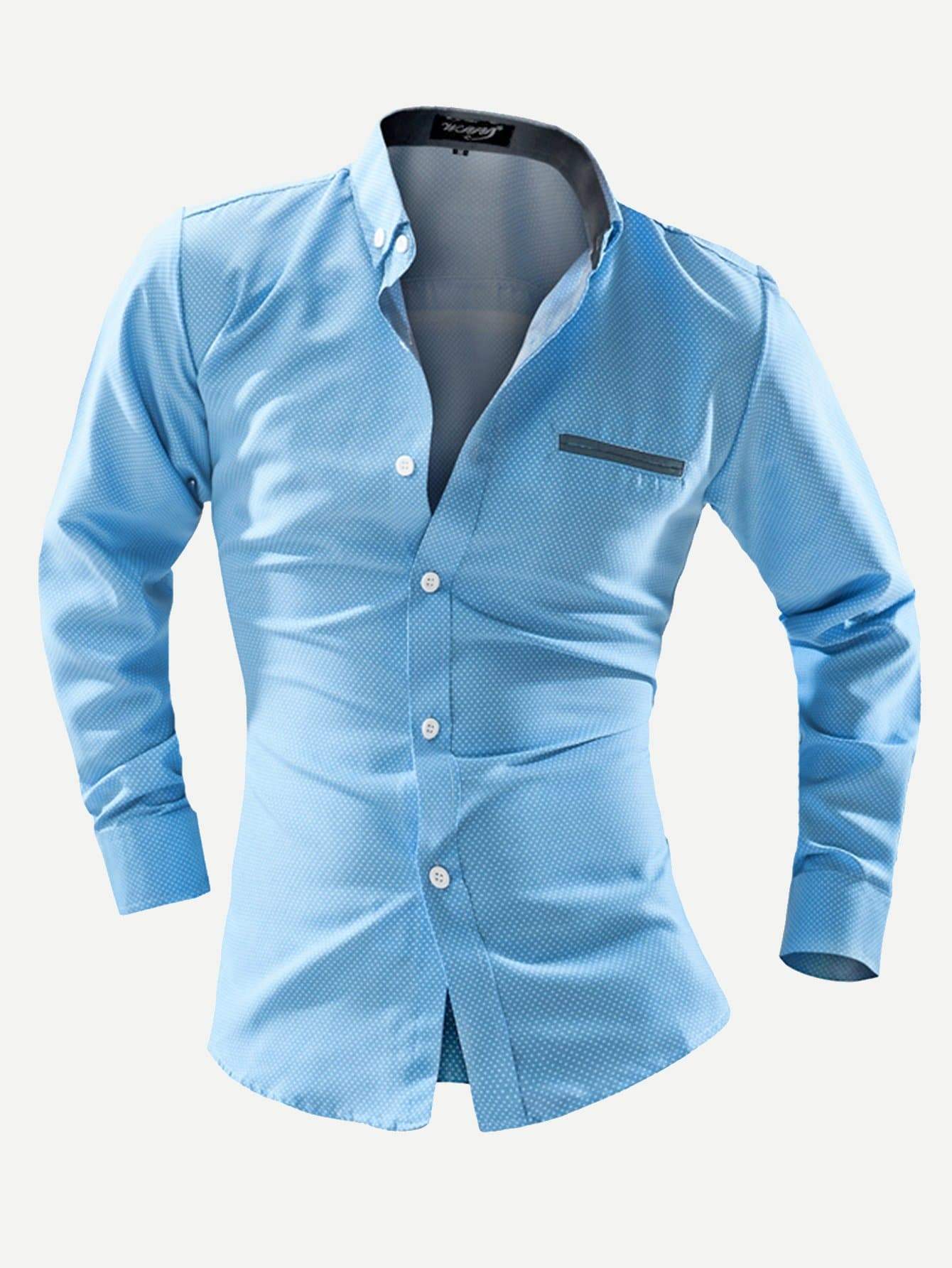 Blue Long Sleeve Pocket Detail Polka Dot Shirt