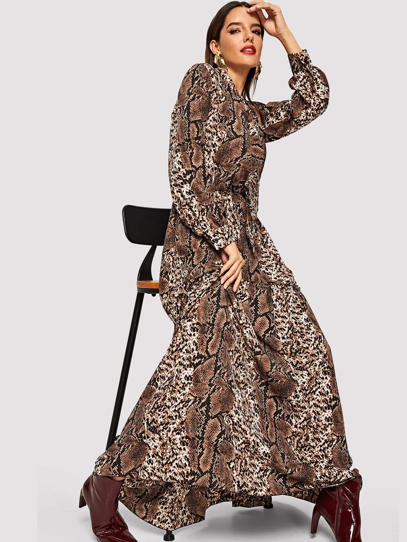 V Neck Snake Skin Print Maxi Dress