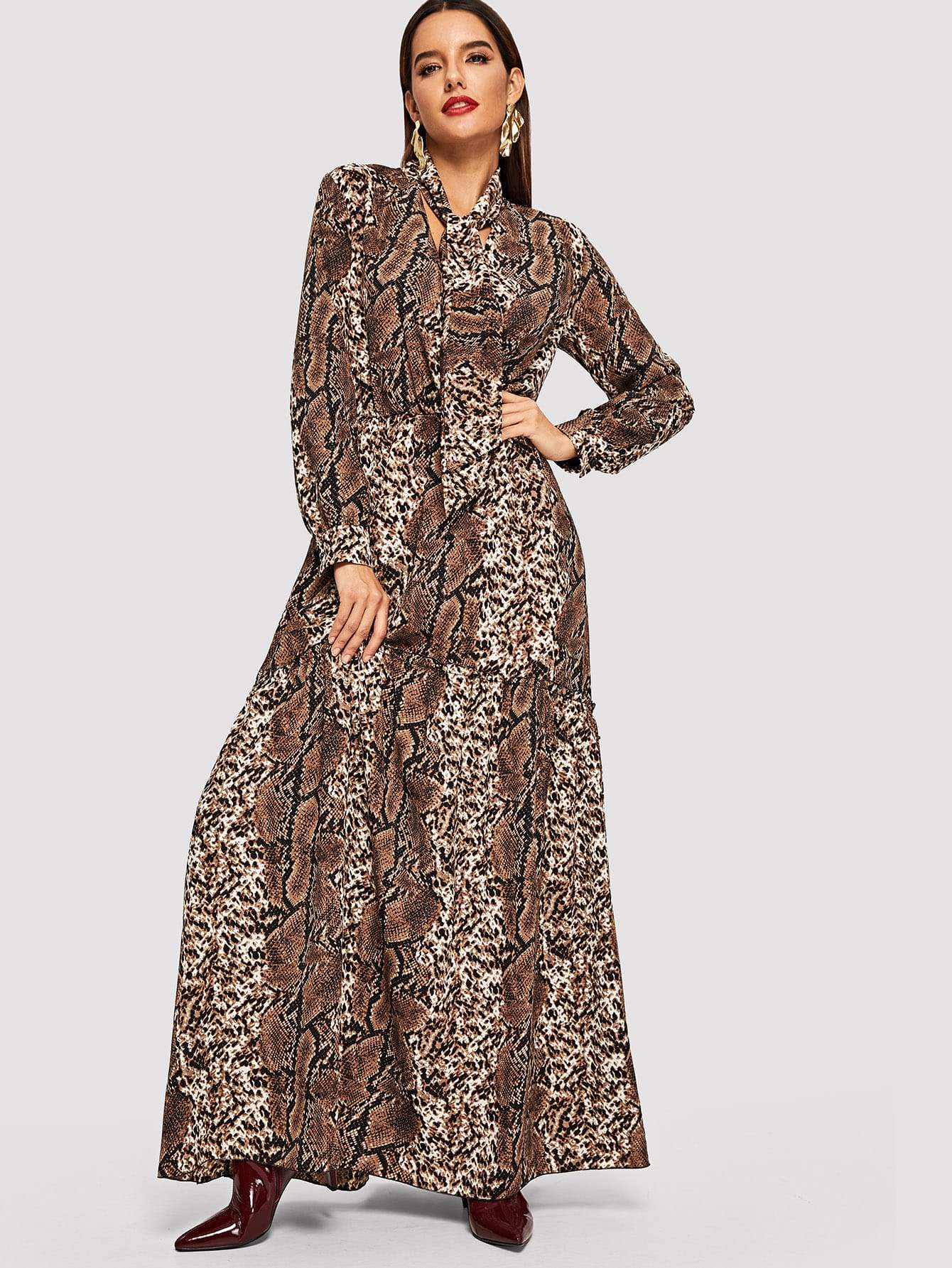 V Neck Snake Skin Print Maxi Dress