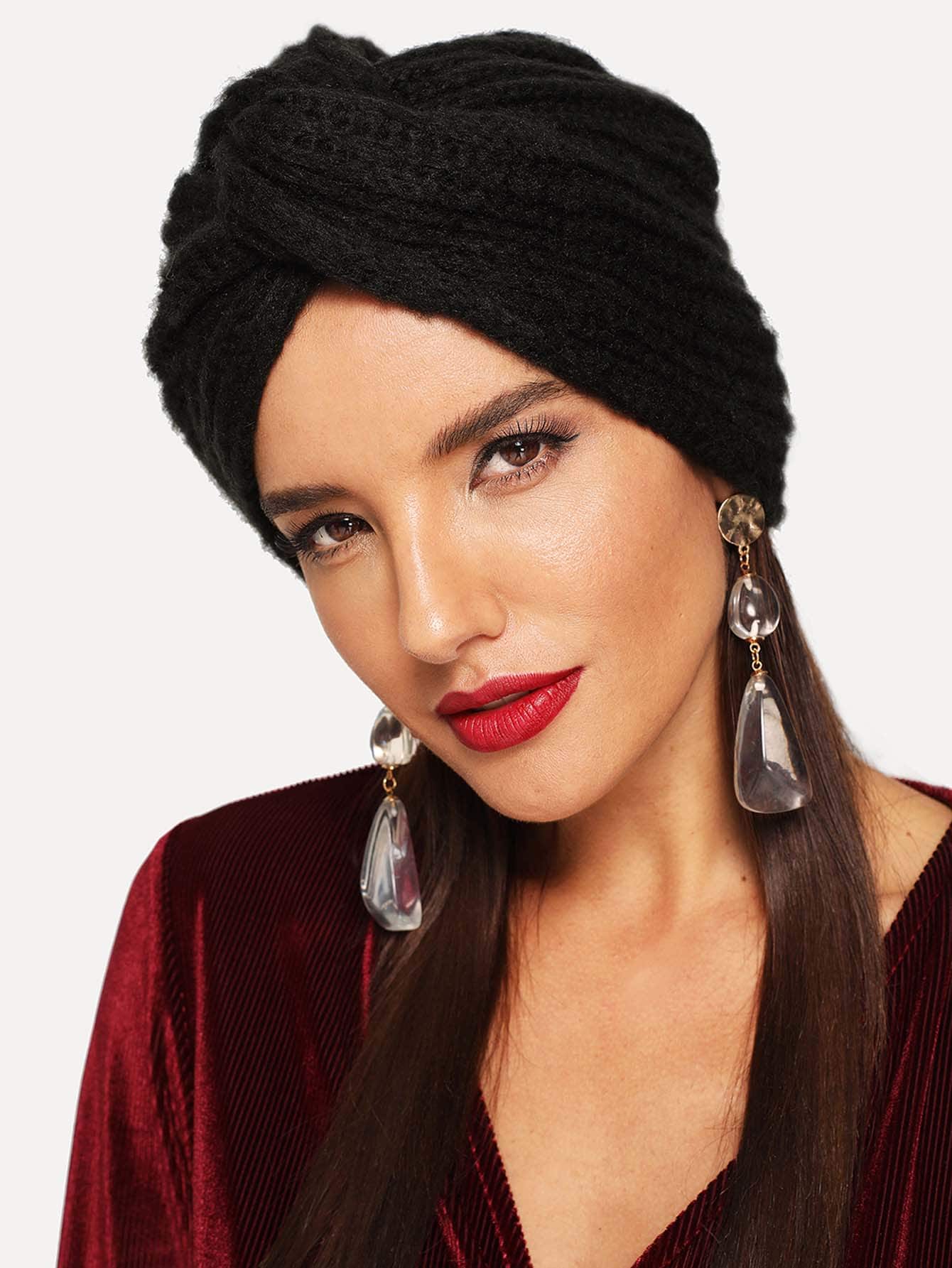 Black Polyester Twist Turban Hat