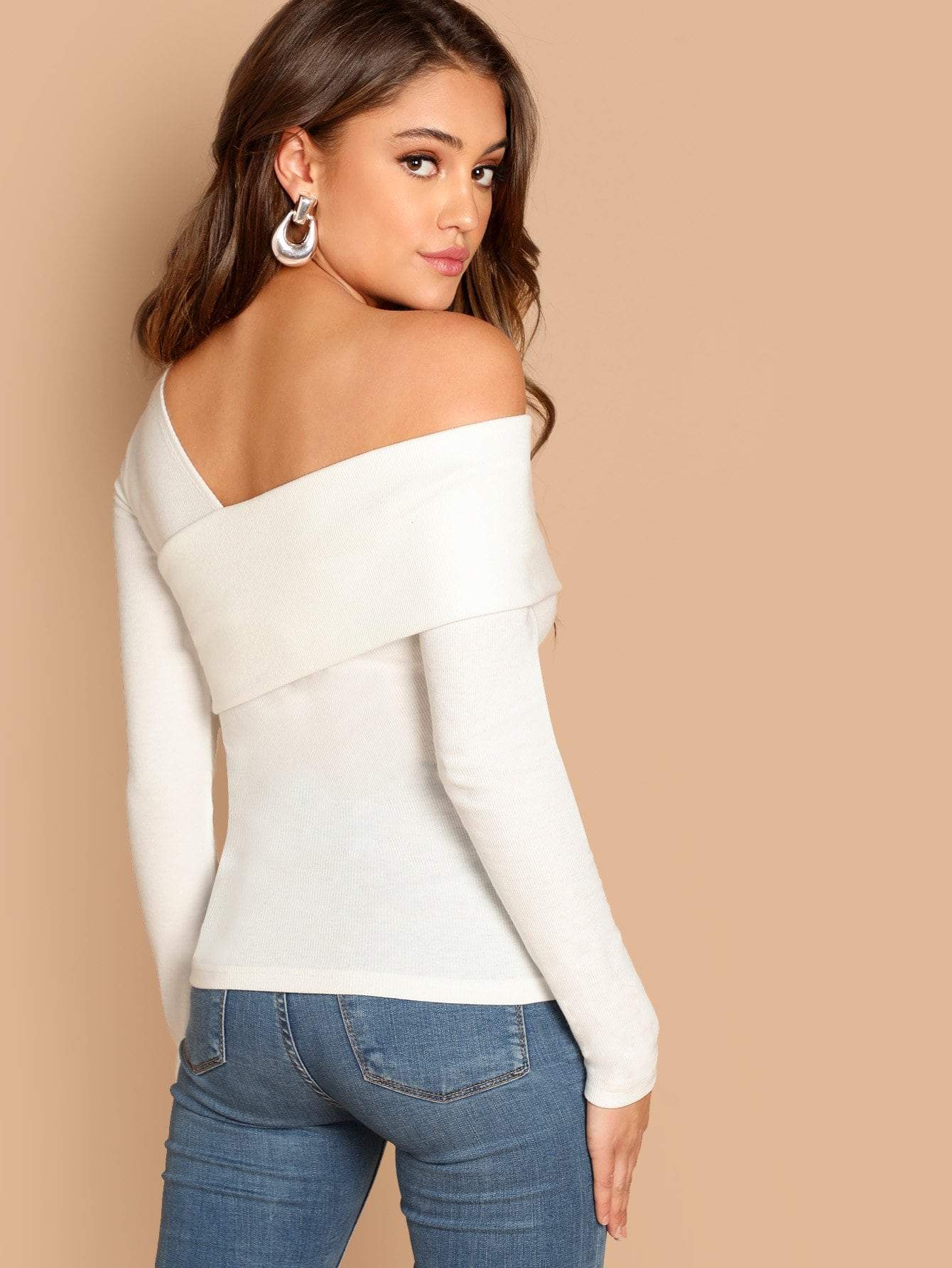 Slim Fit Foldover Asymmetrical Neck Solid Tee Top