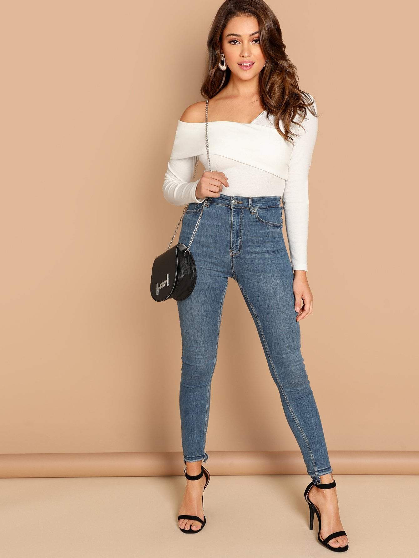 Slim Fit Foldover Asymmetrical Neck Solid Tee Top