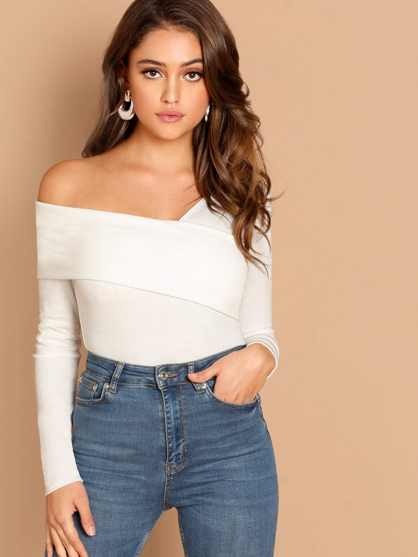 Slim Fit Foldover Asymmetrical Neck Solid Tee Top