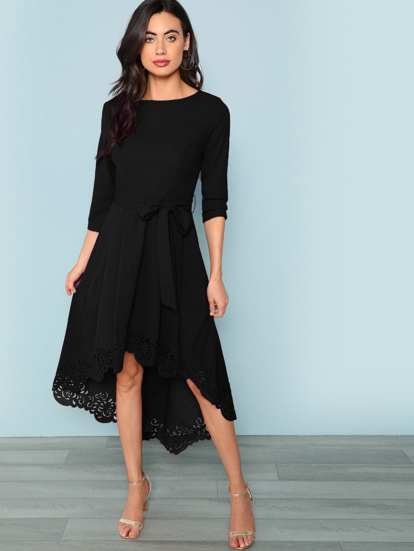 Boat Neck Scalloped Laser Cut Self Belted Dip Hem Dress