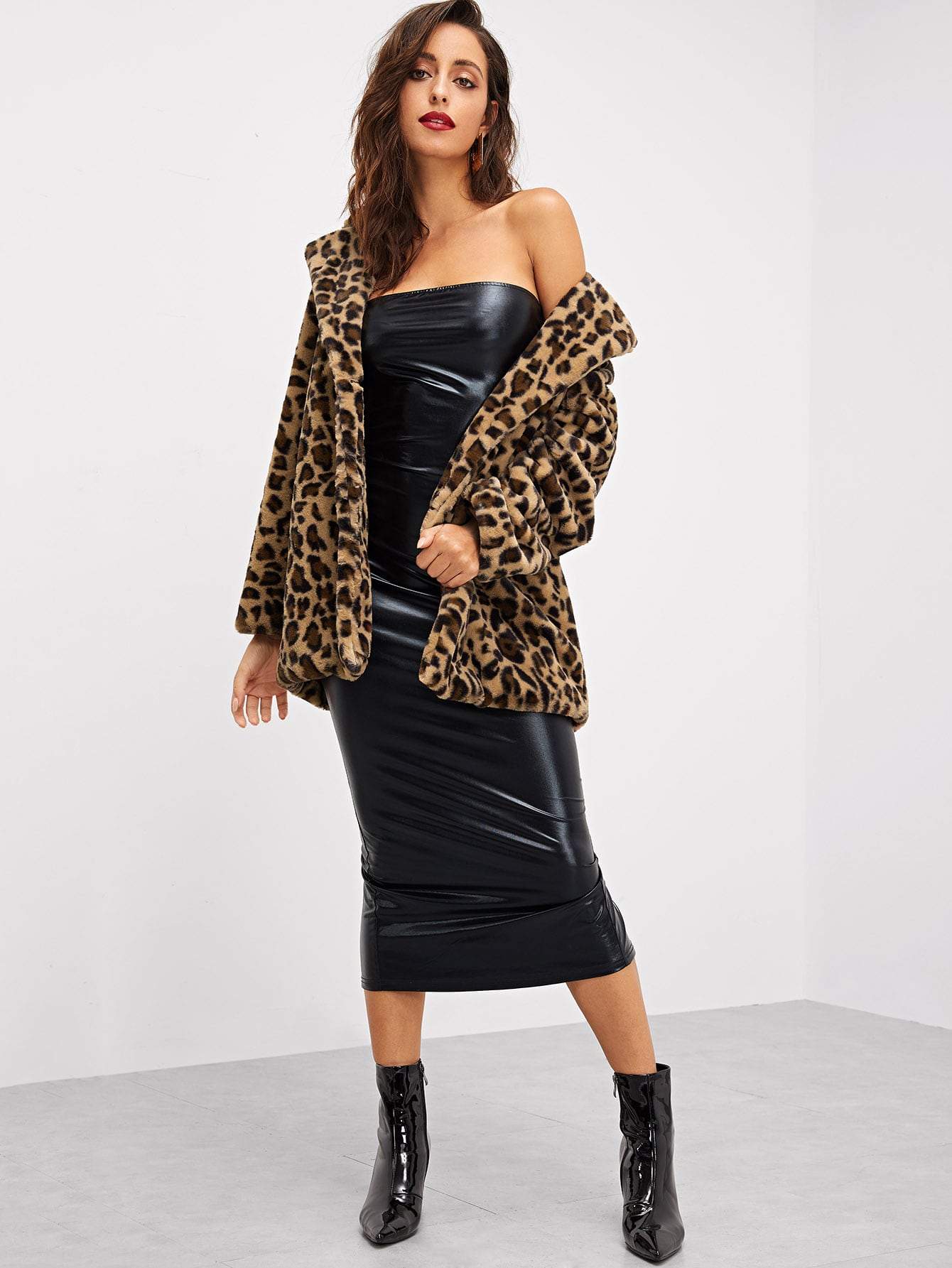 Single Breasted Notch Collar Leopard Print Teddy Coat