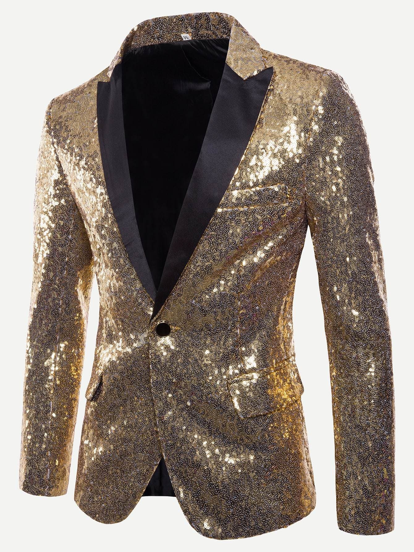 Regular Fit Notched Collar Contrast Placket Single Button Sequin Blazer