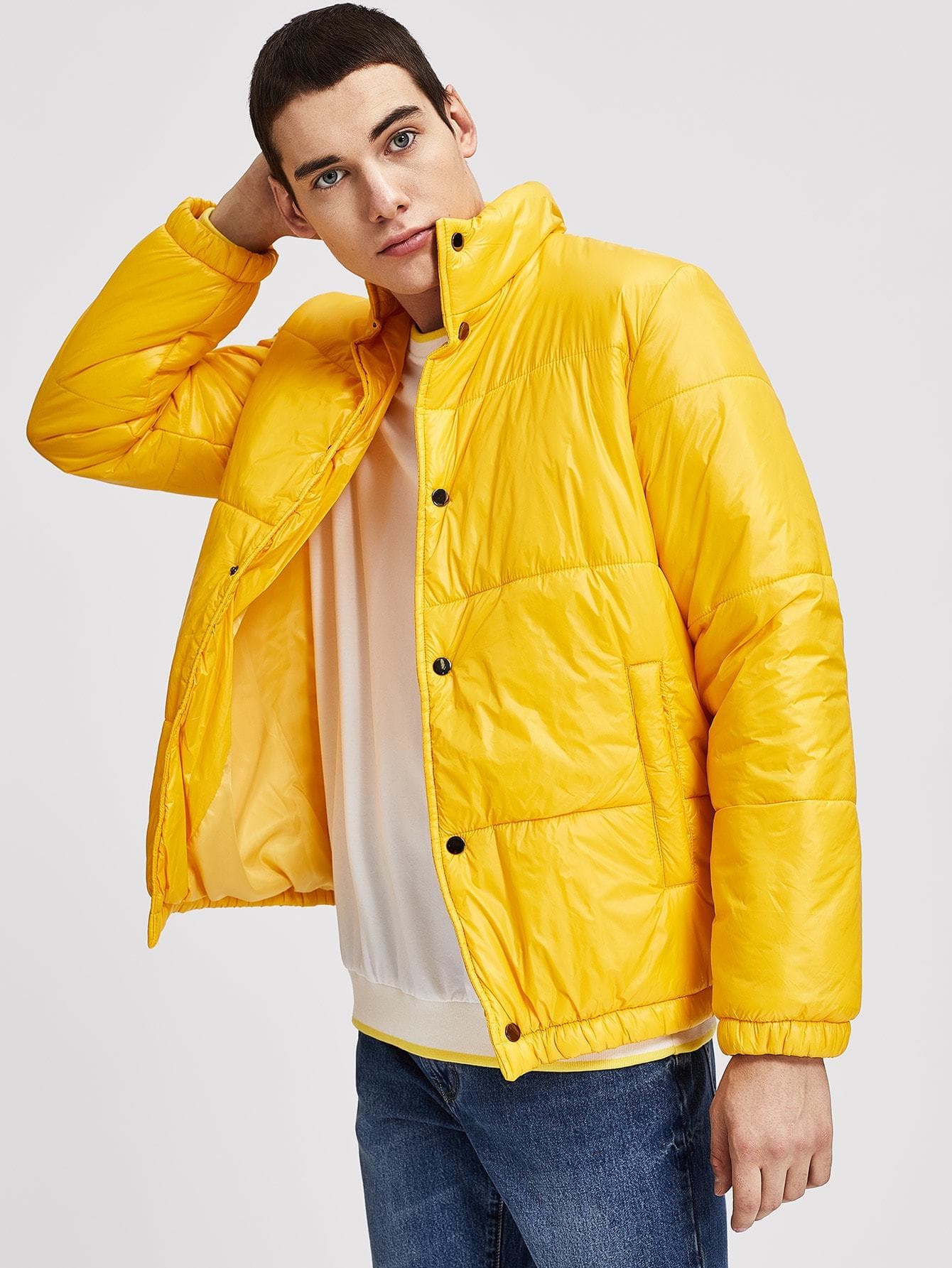 Yellow Single Breasted Zip Up Collar Solid Coat