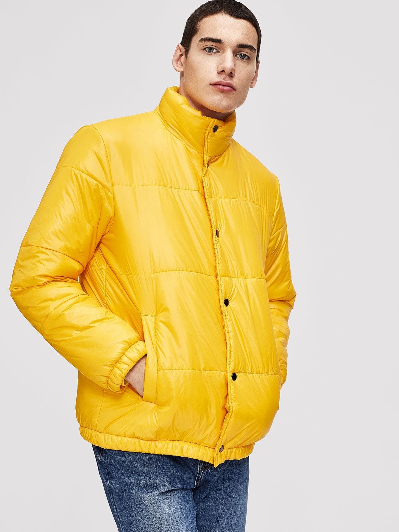 Yellow Single Breasted Zip Up Collar Solid Coat