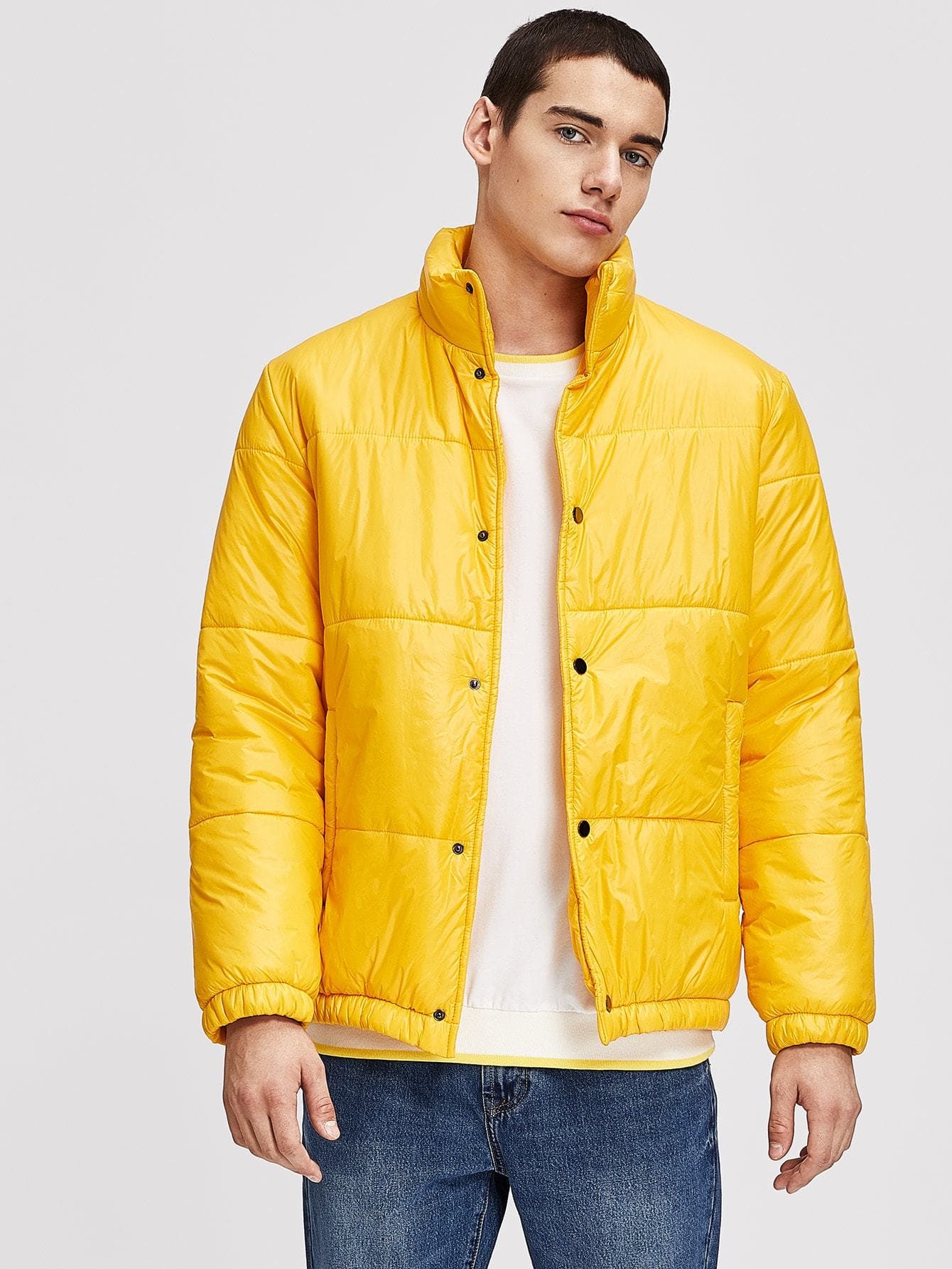 Yellow Single Breasted Zip Up Collar Solid Coat