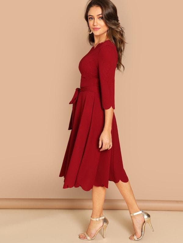 Round NeckThree Quarter Sleeve Scallop Trim Belted Fit & Flare Dress