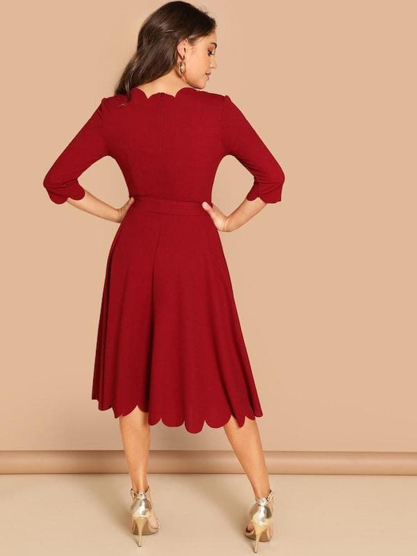 Round NeckThree Quarter Sleeve Scallop Trim Belted Fit & Flare Dress