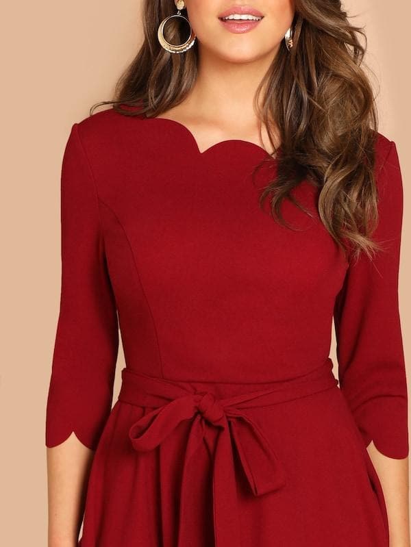 Round NeckThree Quarter Sleeve Scallop Trim Belted Fit & Flare Dress