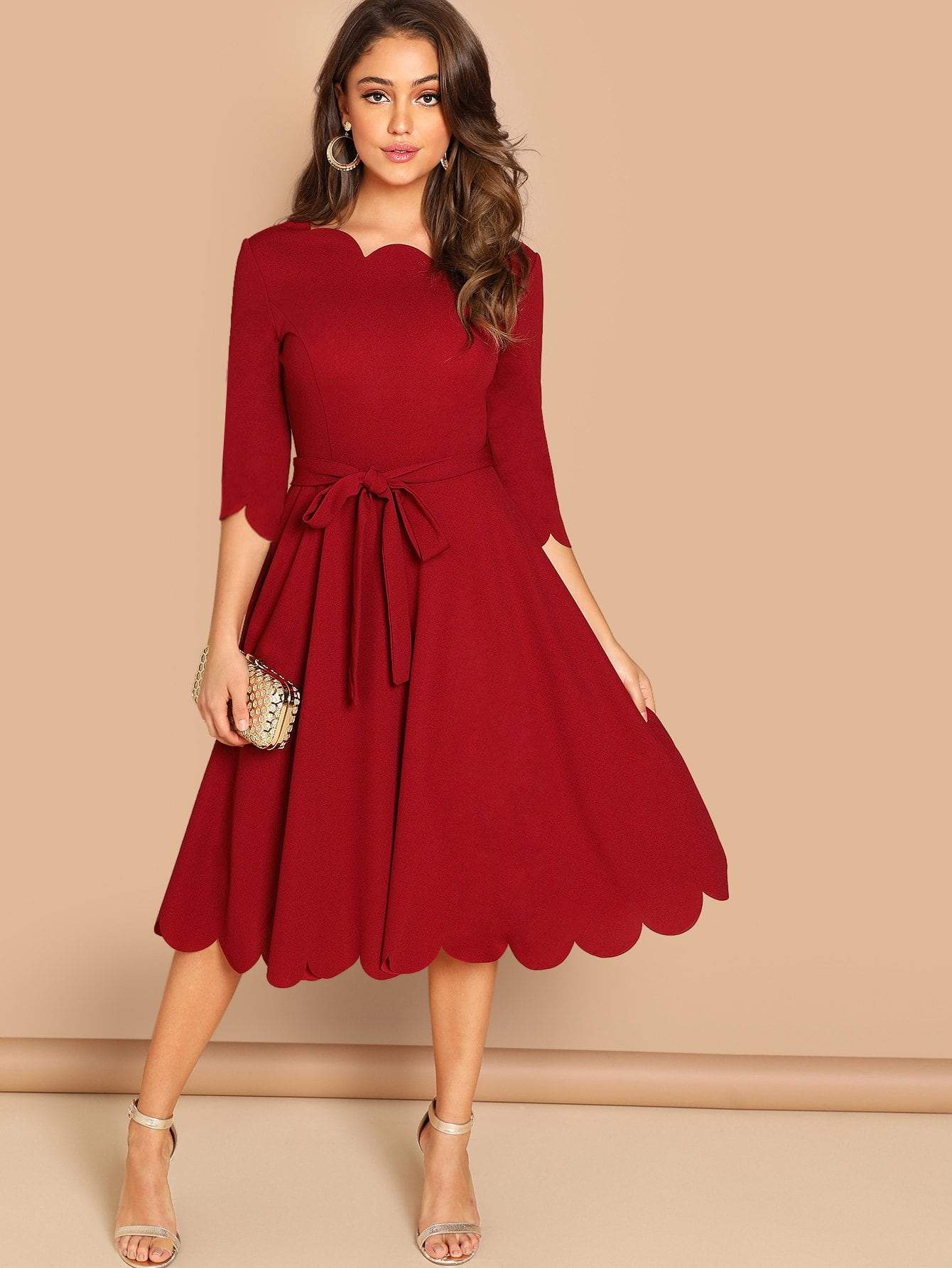 Round NeckThree Quarter Sleeve Scallop Trim Belted Fit & Flare Dress Wear.Style Round NeckThree Quarter Sleeve Scallop Trim Belted Fit & Flare Dress Wear.Style