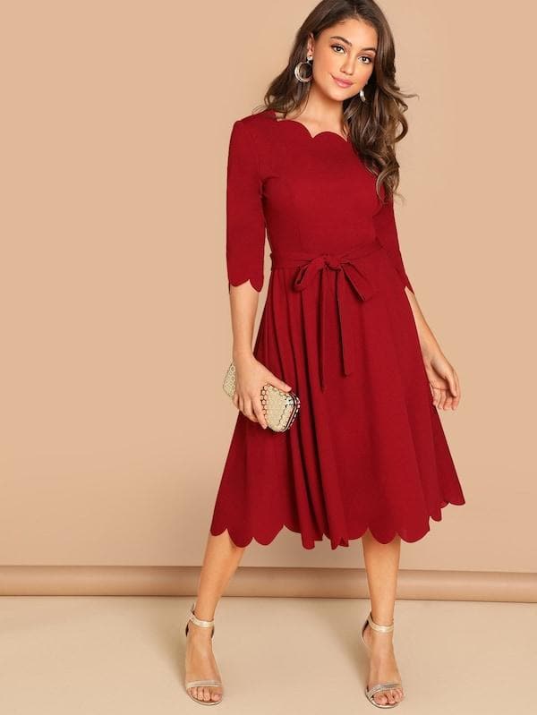 Round NeckThree Quarter Sleeve Scallop Trim Belted Fit & Flare Dress