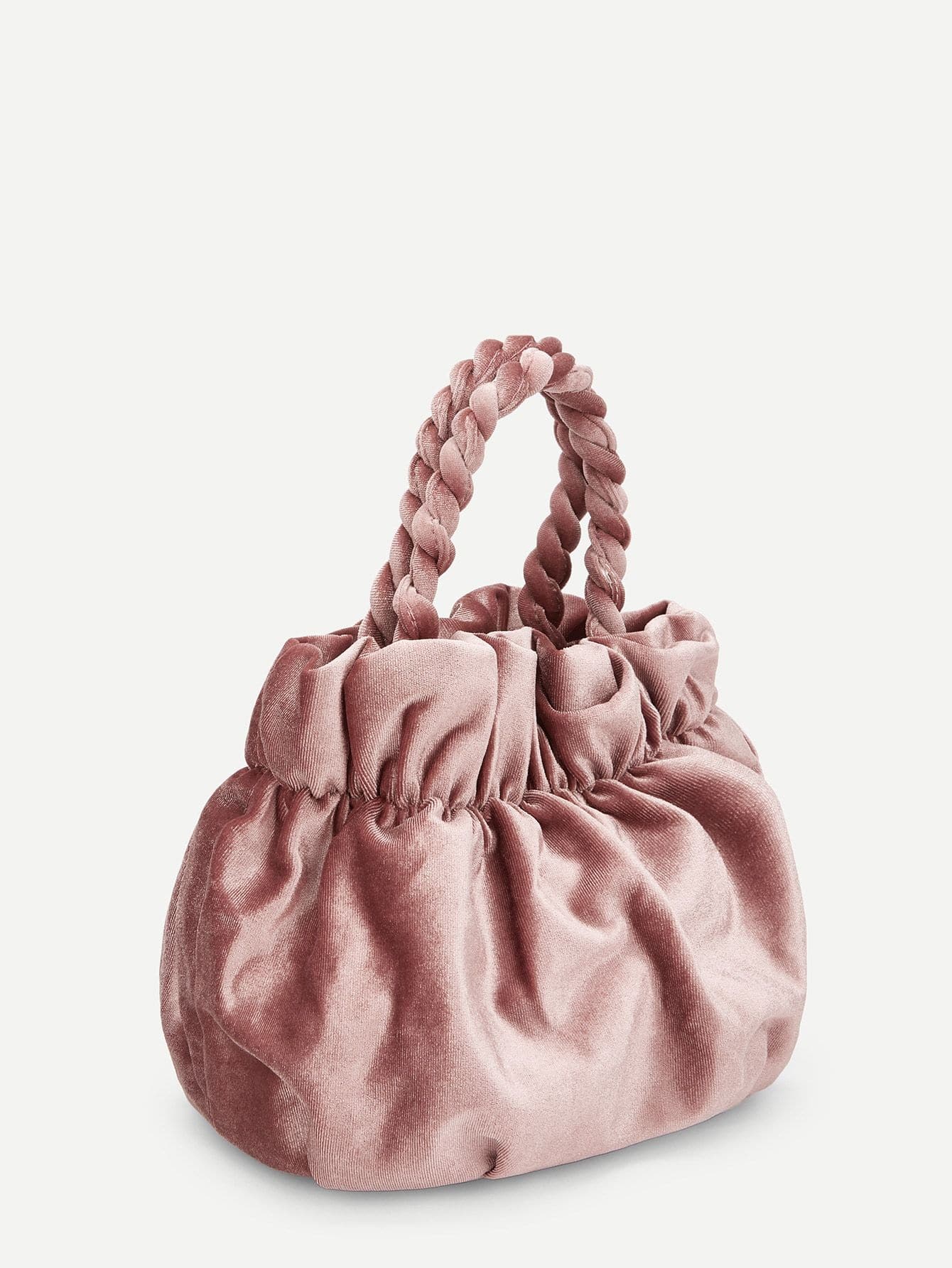 Pink Double Handle Plain Ruched Detail Velvet Bag