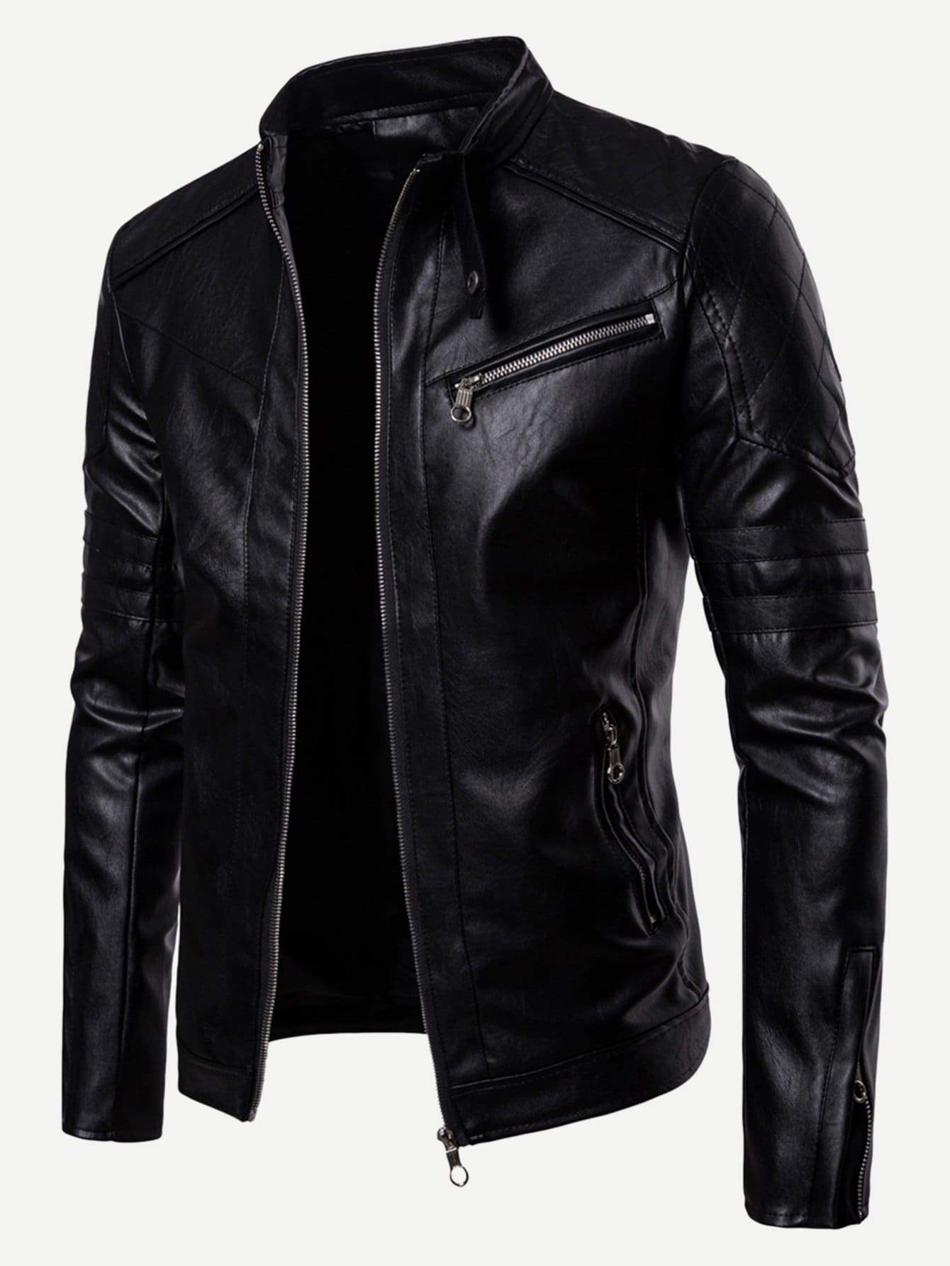 Black Stand Collar Zipper Detail Solid PU Biker Jacket