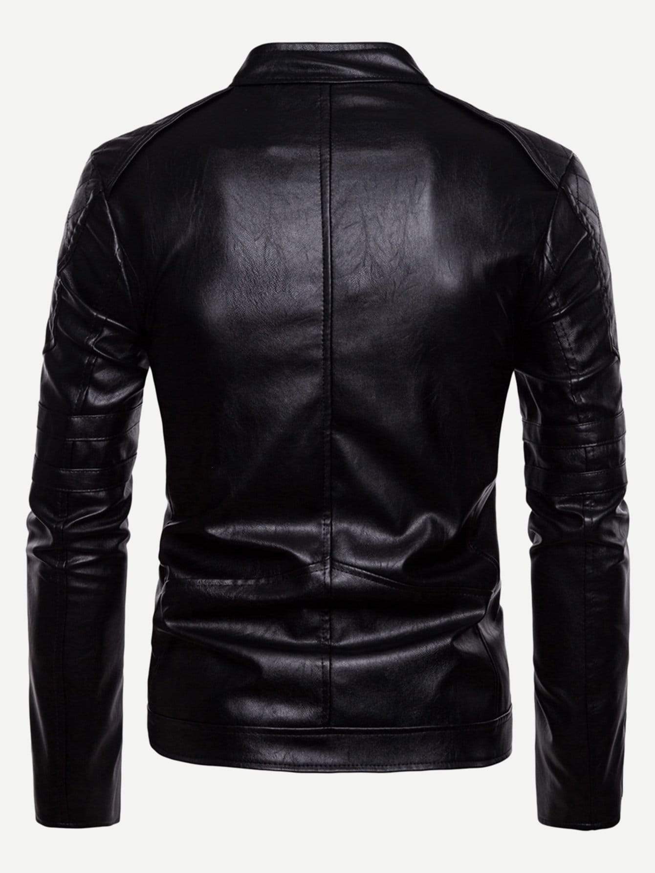Black Stand Collar Zipper Detail Solid PU Biker Jacket
