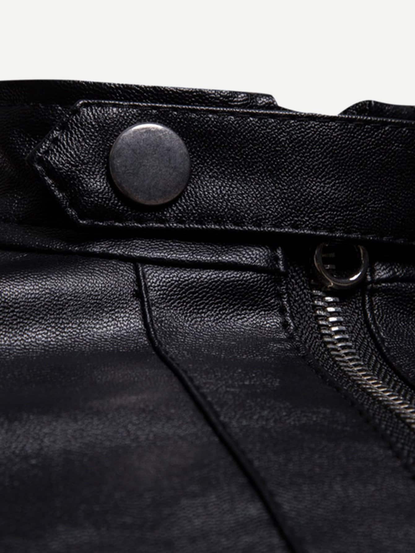 Black Stand Collar Zipper Detail Solid PU Biker Jacket