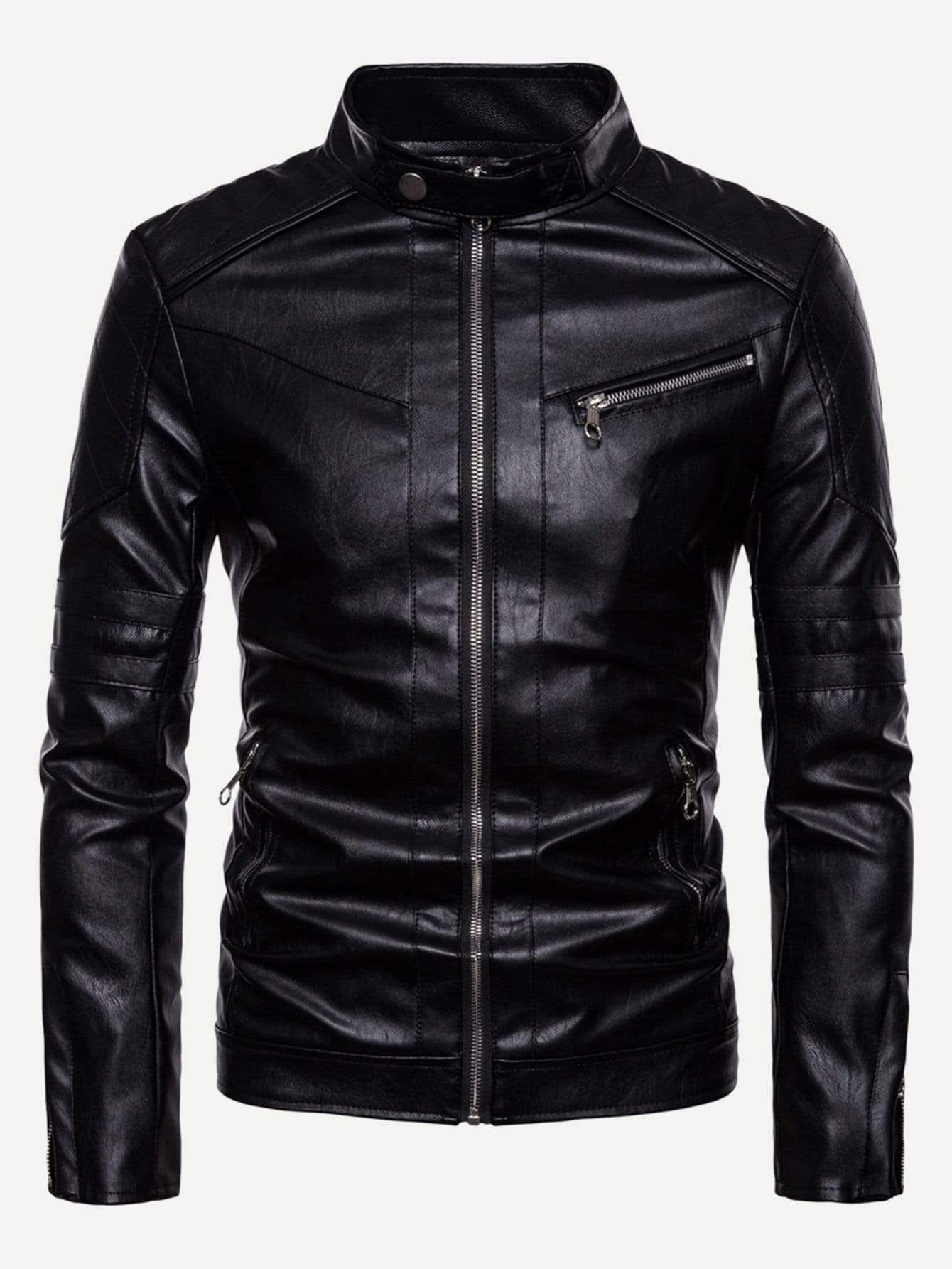 Black Stand Collar Zipper Detail Solid PU Biker Jacket