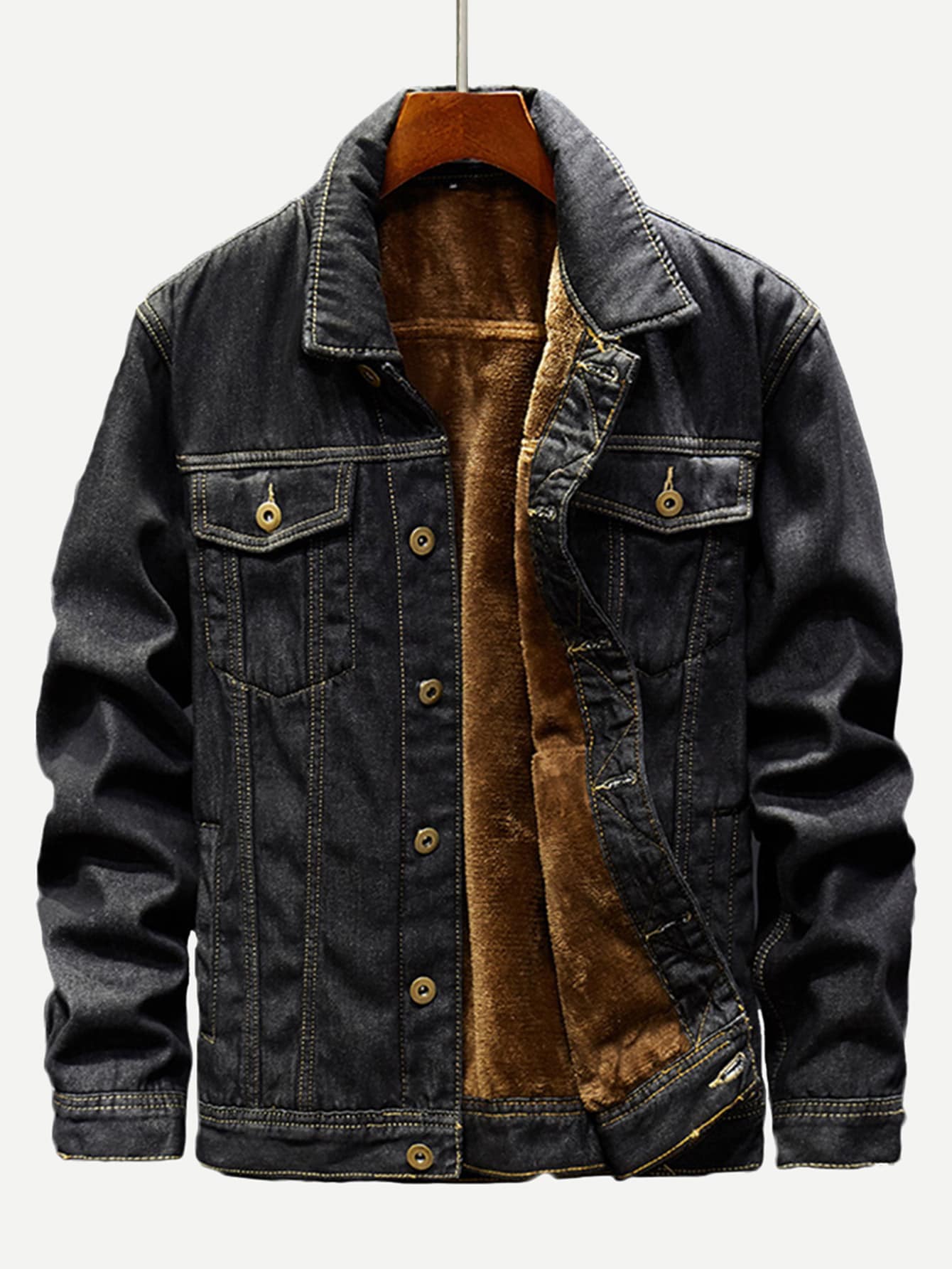 Black Single Breasted Fleece Lined Denim Jacket