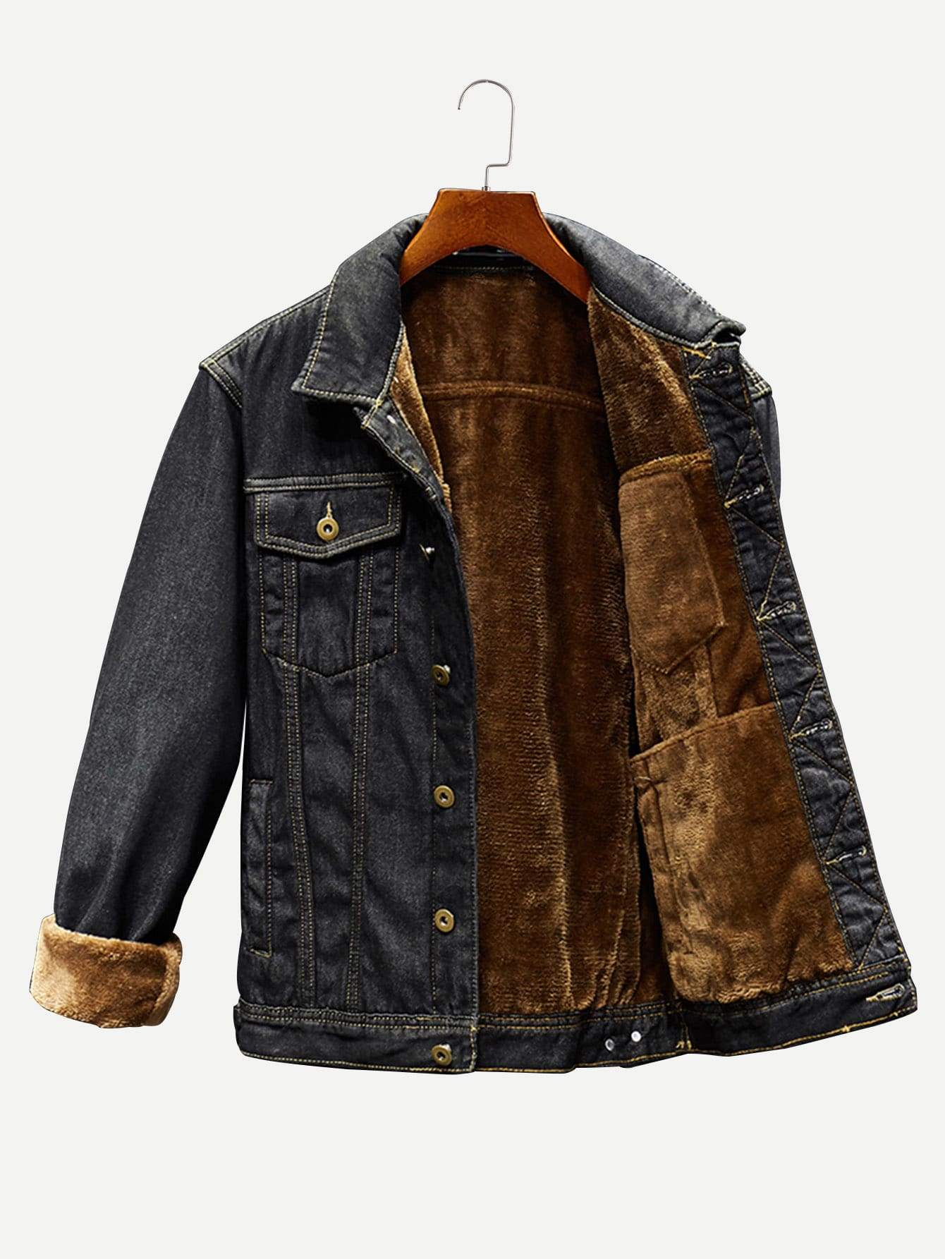 Black Single Breasted Fleece Lined Denim Jacket