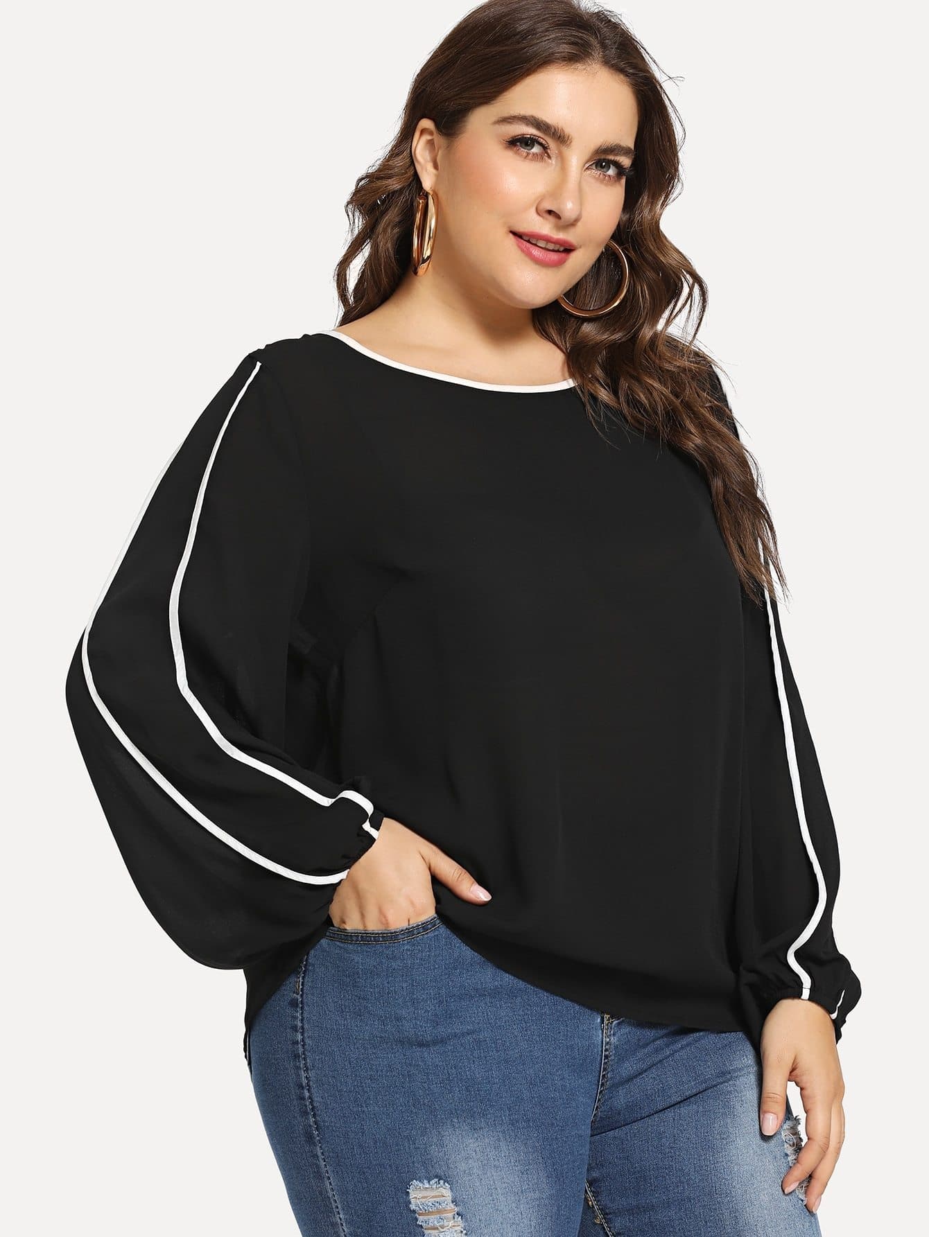 Polyester Round Neck Long Sleeve Plus Contrast Binding Top