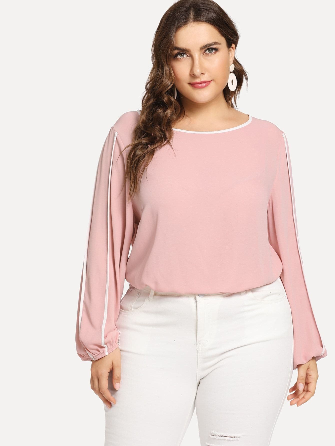 Polyester Round Neck Long Sleeve Plus Contrast Binding Top