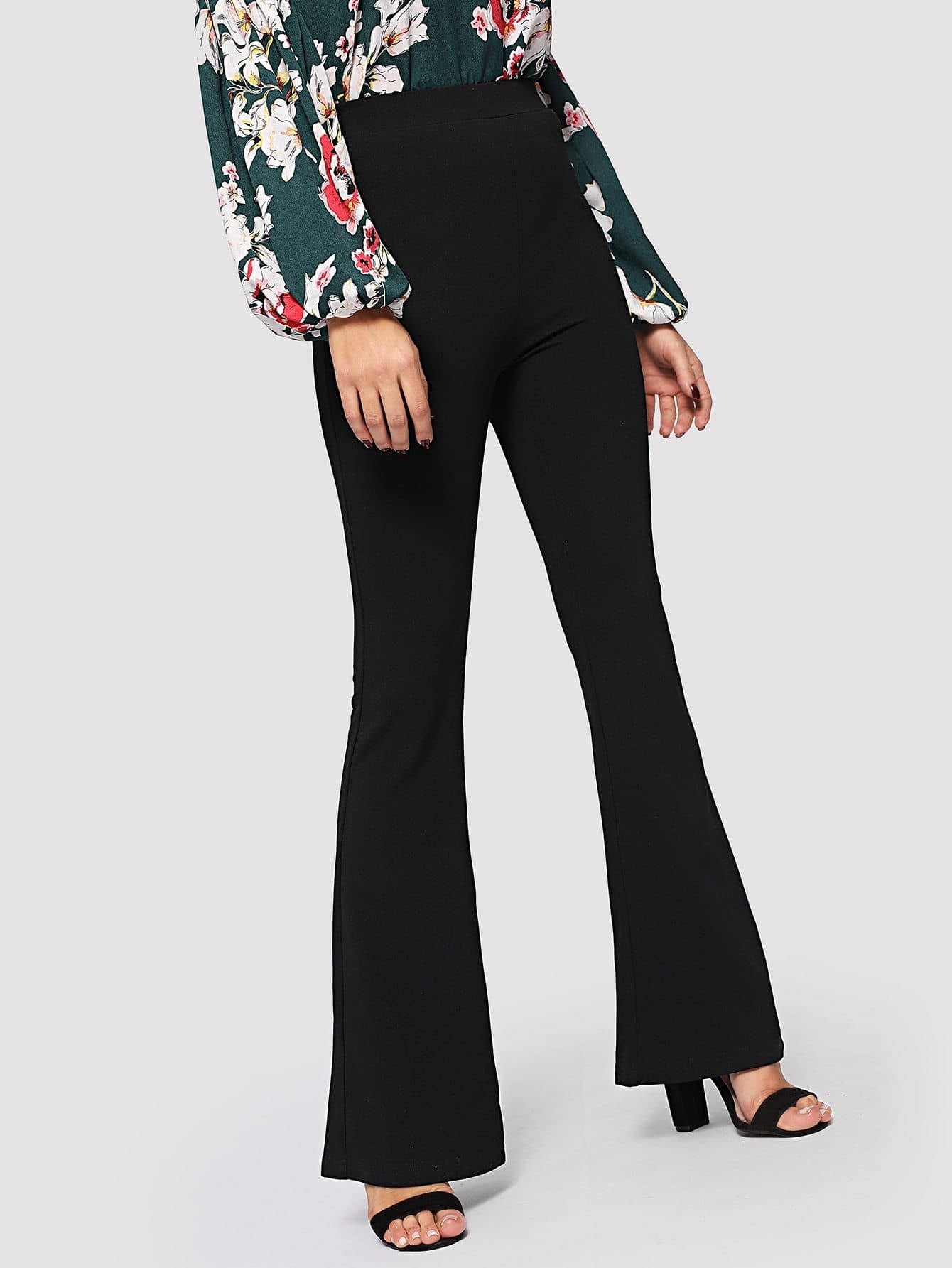 Polyester Elastic High Waist Solid Flare Leg Pants
