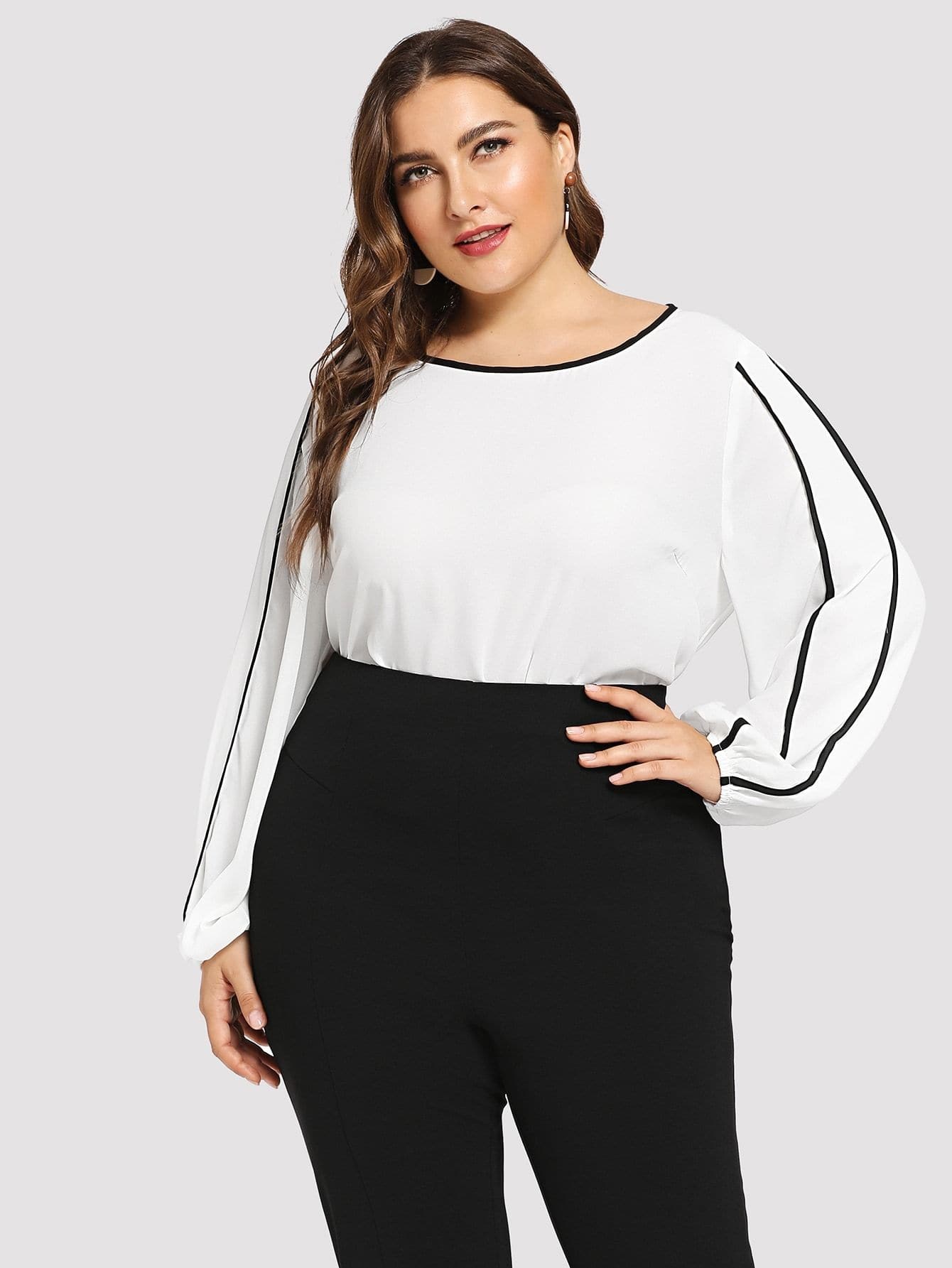 Polyester Round Neck Long Sleeve Plus Contrast Binding Top