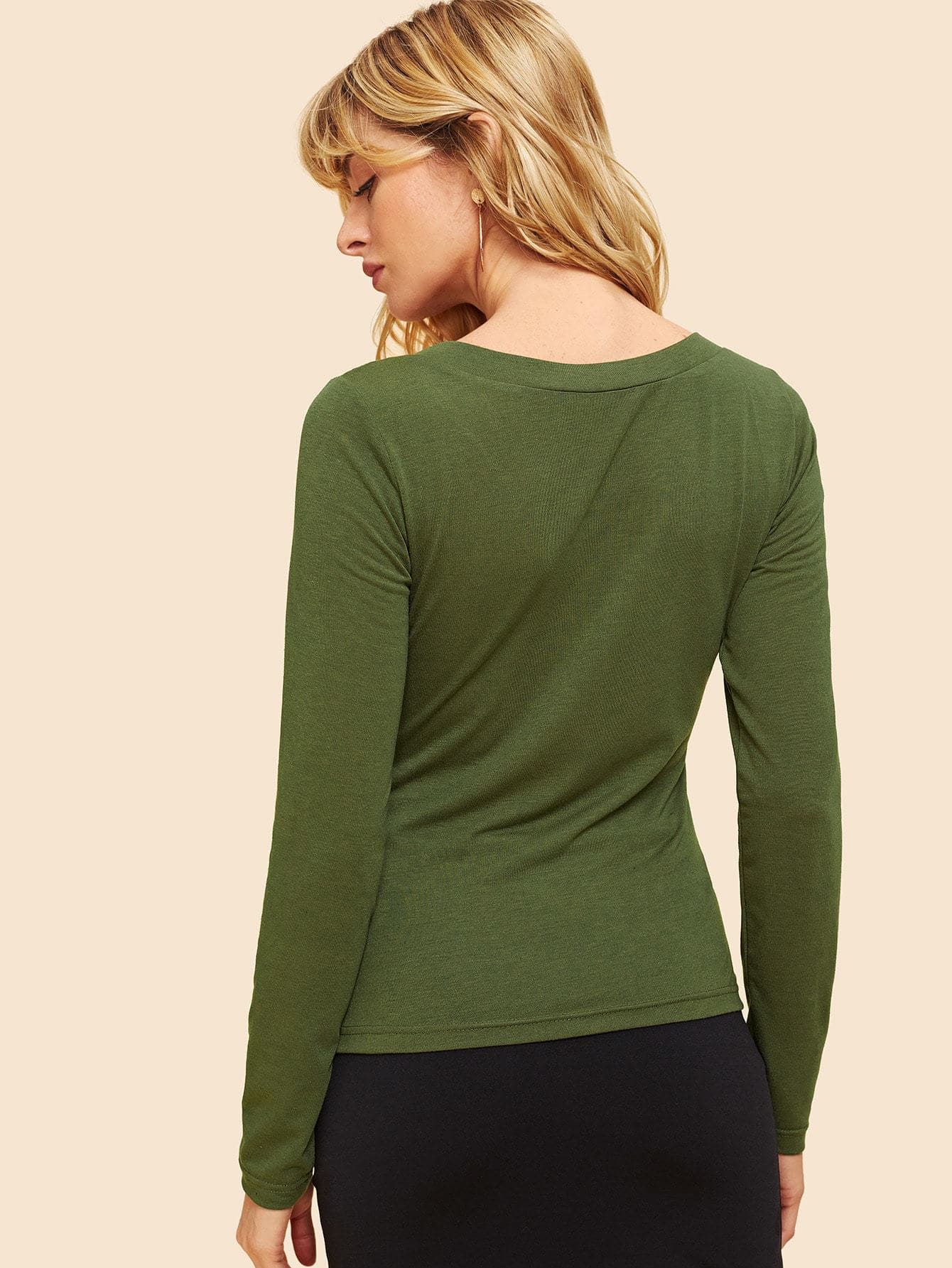 Army Green Polyester 70s Knot Detail Slim Fitted Top