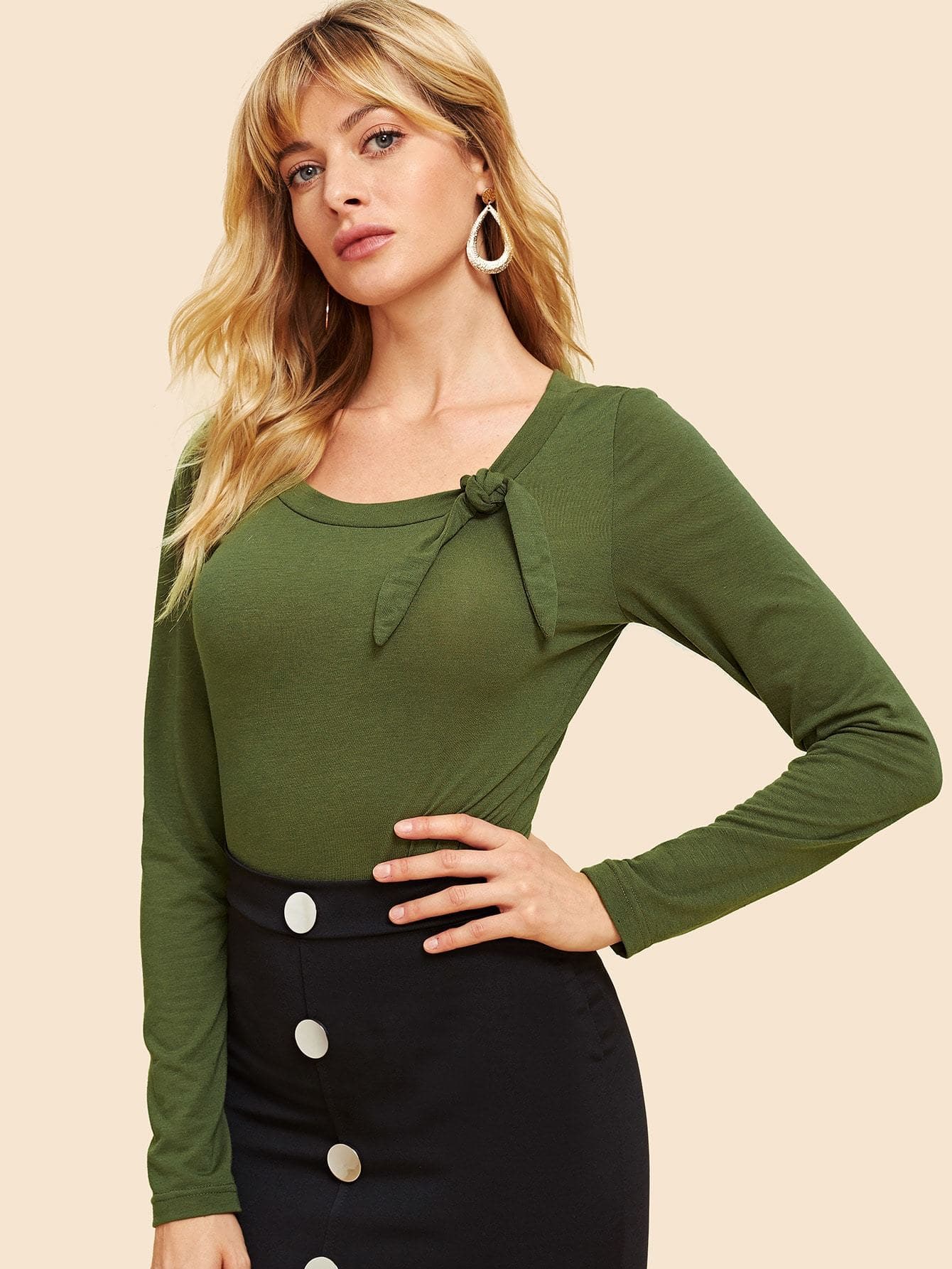 Army Green Polyester 70s Knot Detail Slim Fitted Top
