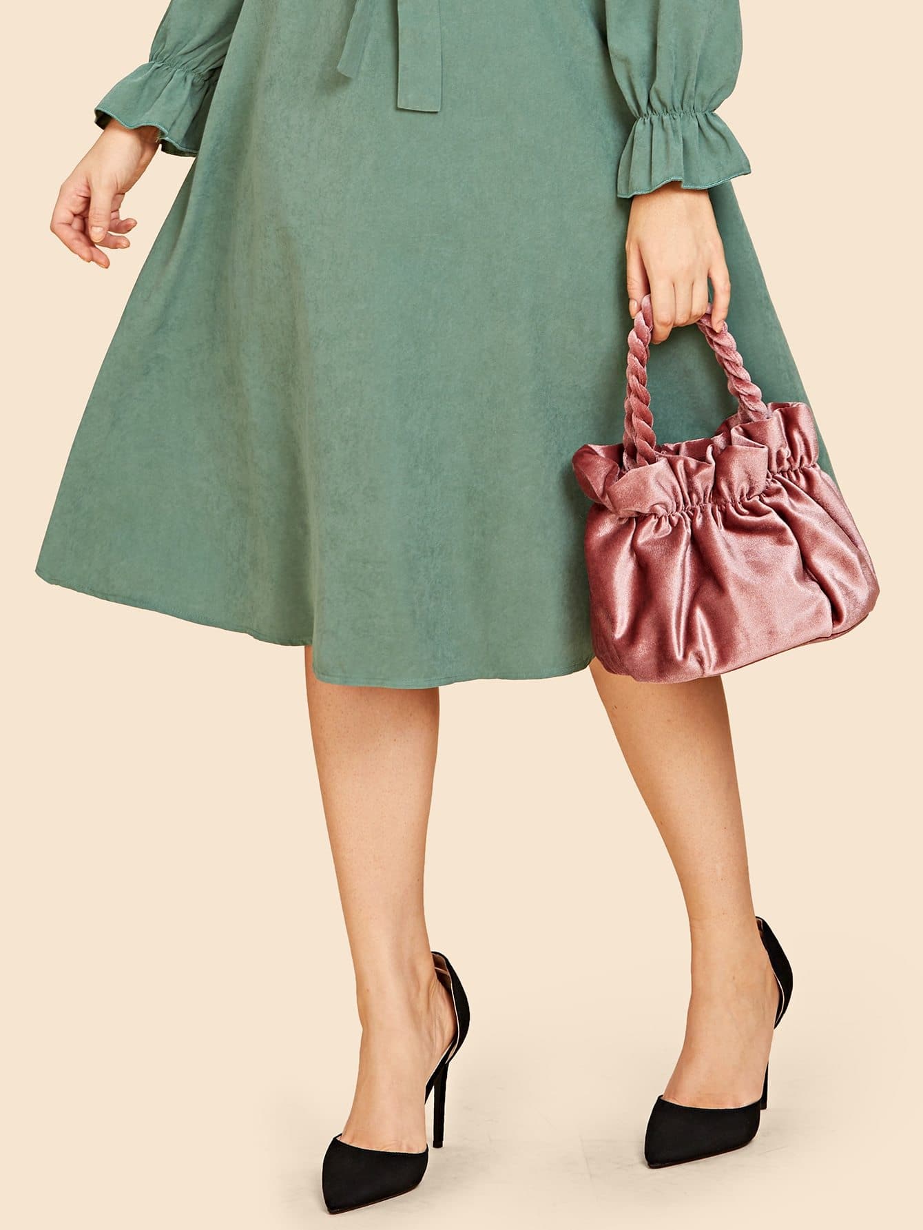 Pink Double Handle Plain Ruched Detail Velvet Bag