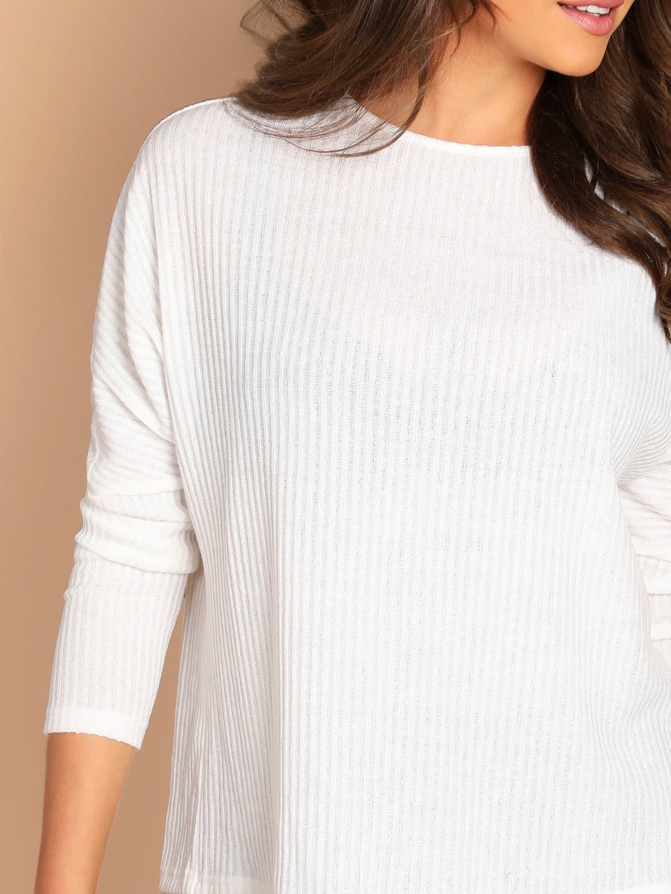 White Long Sleeve Round Neck Solid Rib-Knit Pullover
