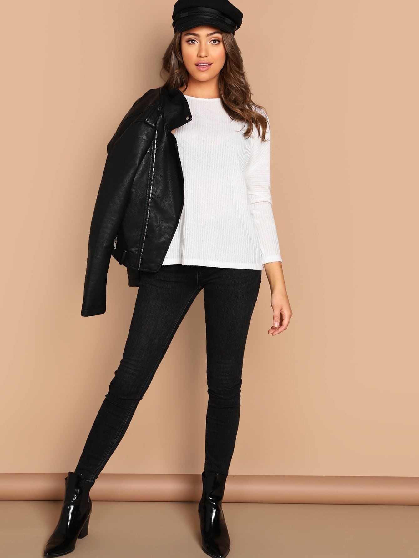 White Long Sleeve Round Neck Solid Rib-Knit Pullover