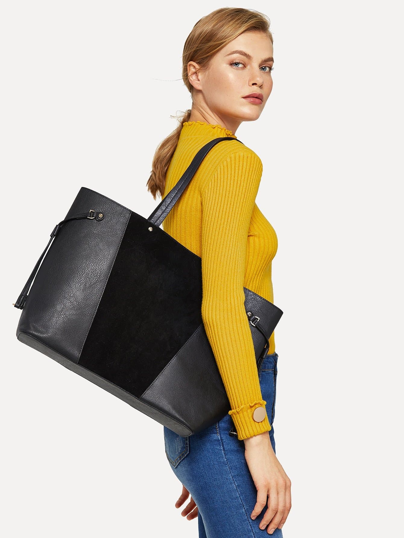 Black Color-block Tote Bag