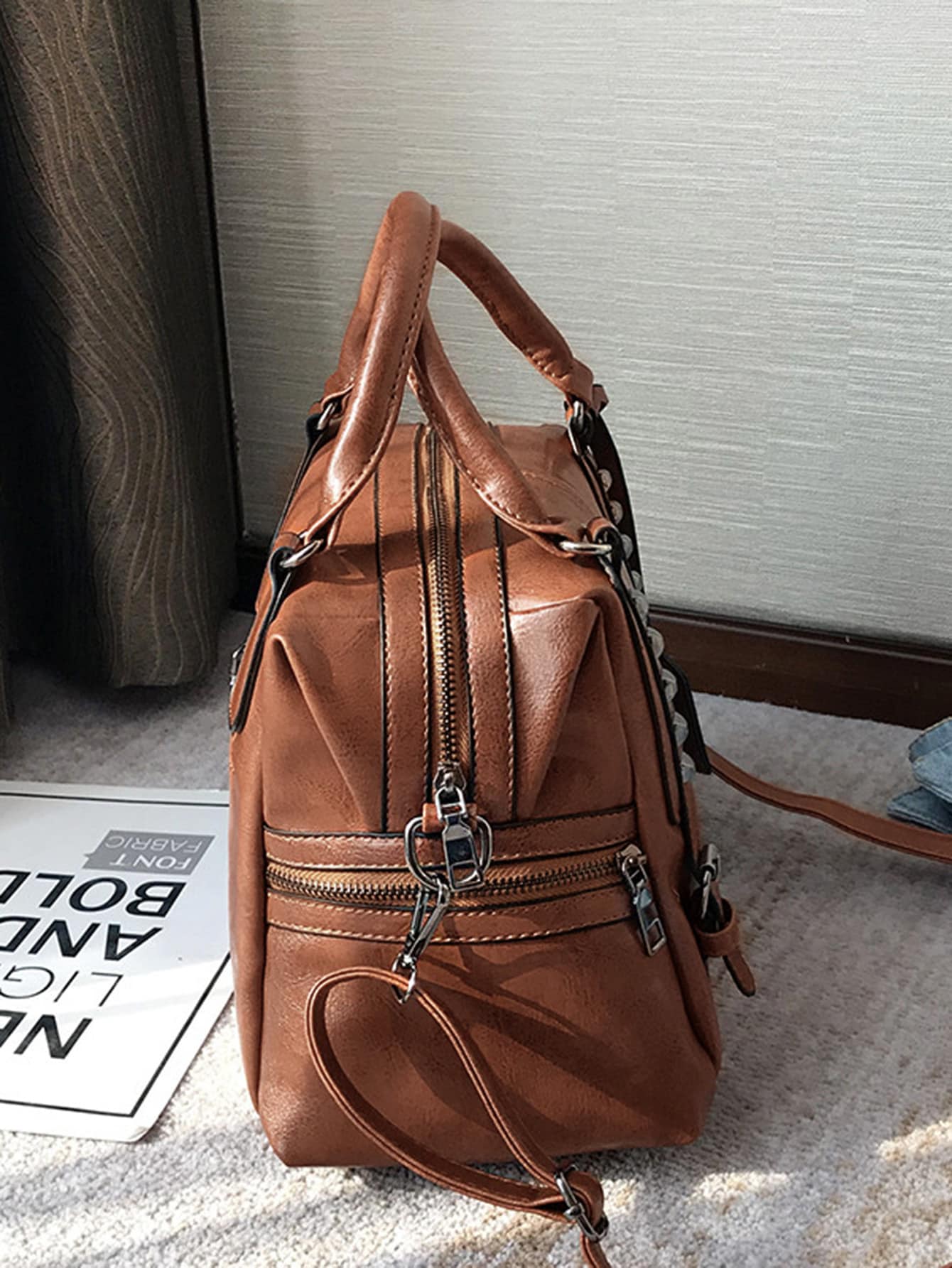 Convertible Studded Buckle Strap Shoulder Bag