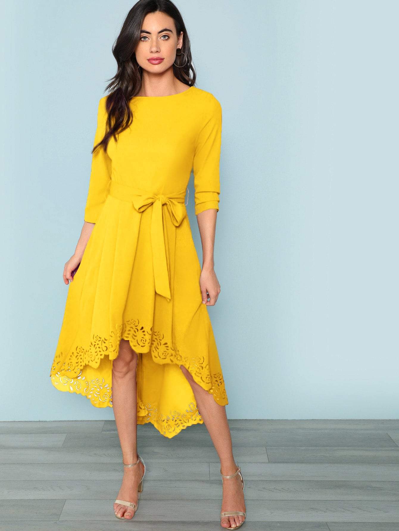 Boat Neck Scalloped Laser Cut Self Belted Dip Hem Dress