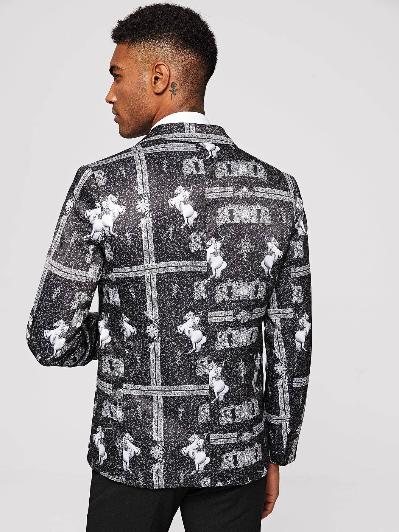 Regular Fit Black and White Notched Collar Graphic Print Blazer