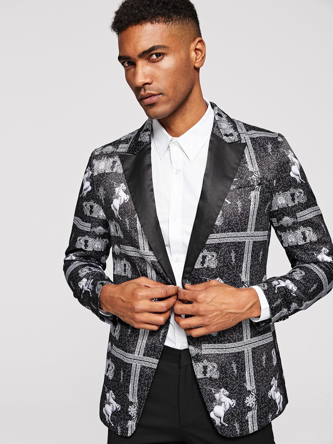 Regular Fit Black and White Notched Collar Graphic Print Blazer