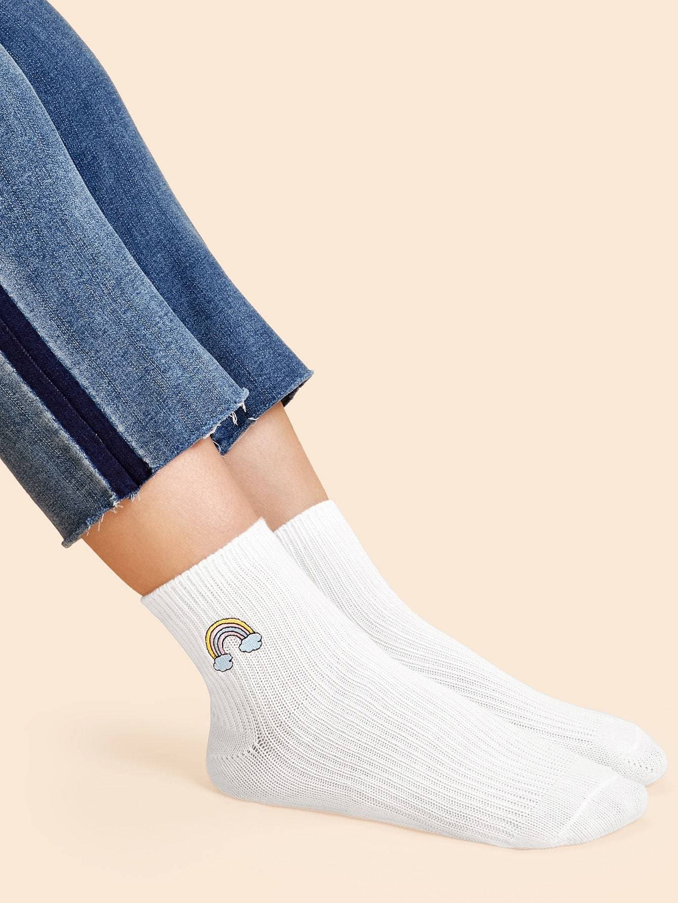White Cotton Rainbow Embroidery Socks