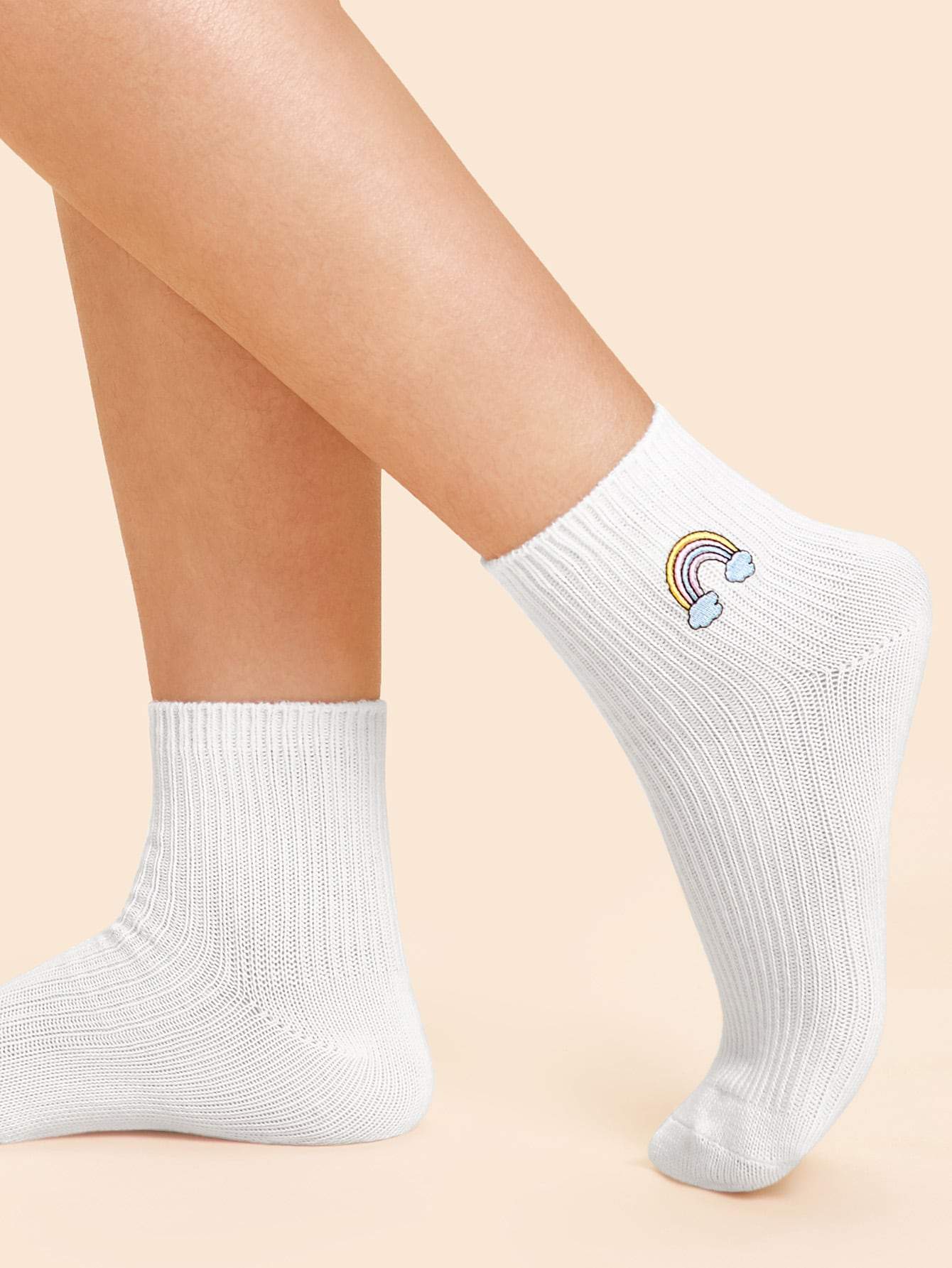 White Cotton Rainbow Embroidery Socks