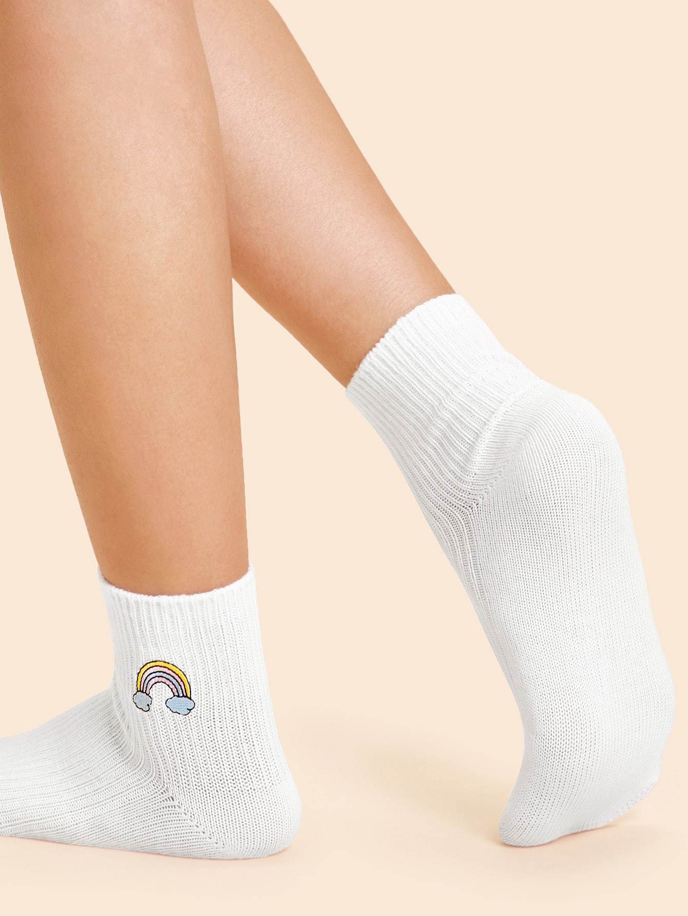 White Cotton Rainbow Embroidery Socks