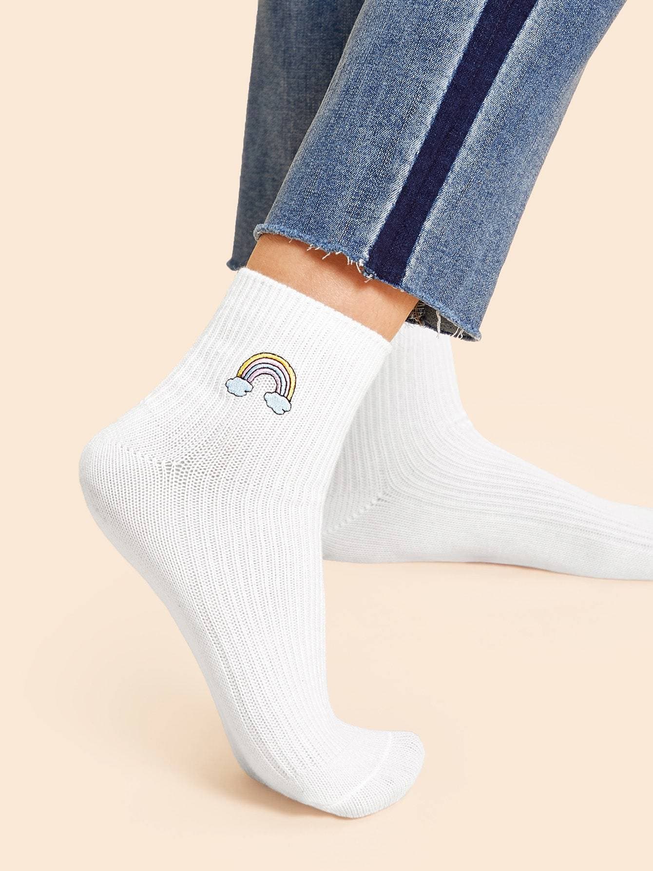 White Cotton Rainbow Embroidery Socks