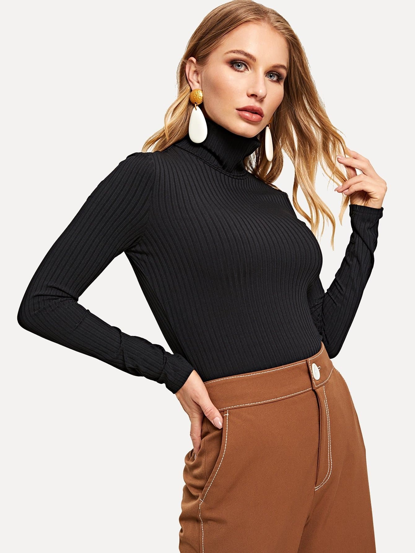 Long Sleeve High Neck Rib-knit Form Fitted Tee Top
