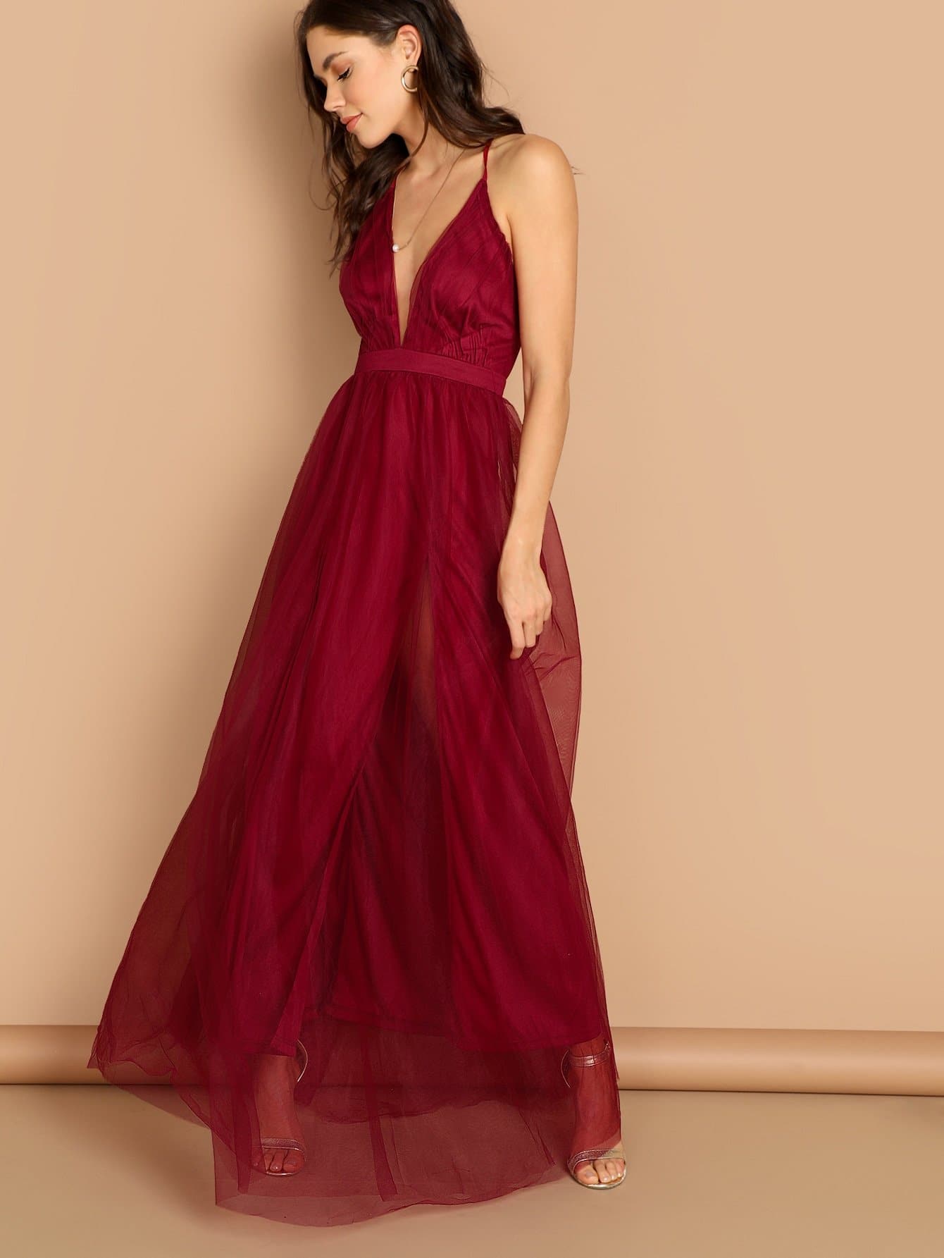 Burgundy Sleeveless V Plunging Neck Mesh-Overlay Maxi Dress