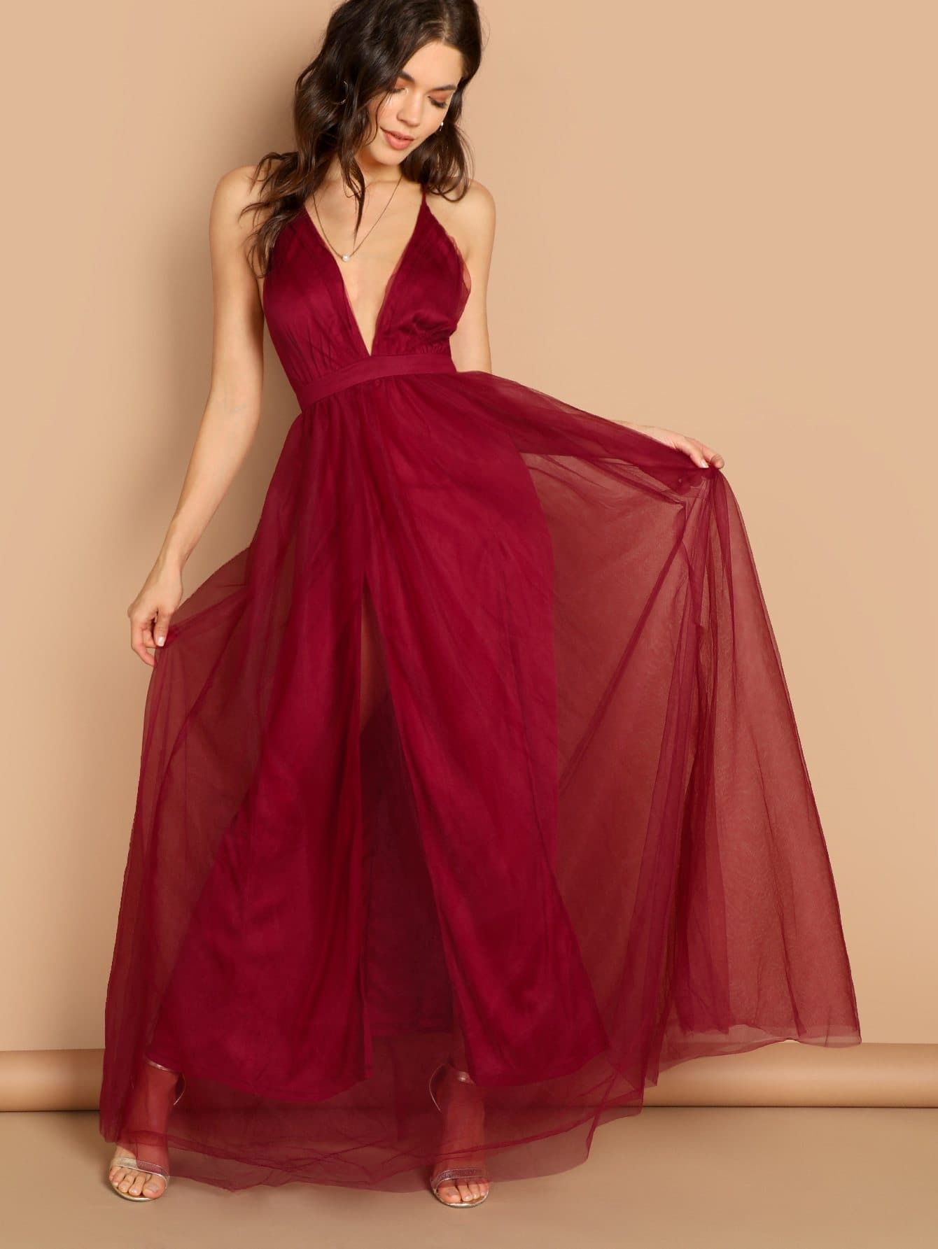 Burgundy Sleeveless V Plunging Neck Mesh-Overlay Maxi Dress