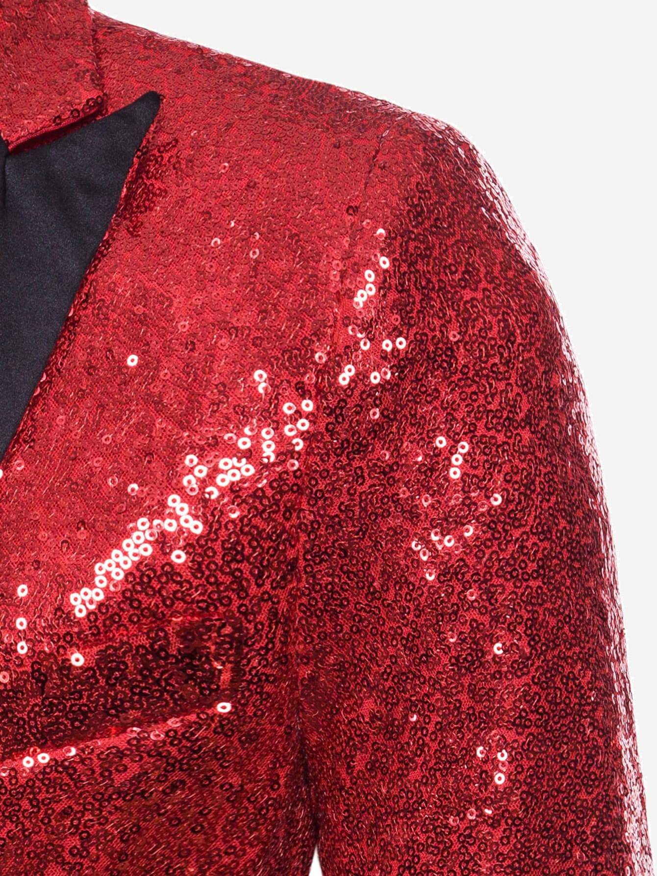 Regular Fit Notched Collar Contrast Placket Single Button Sequin Blazer