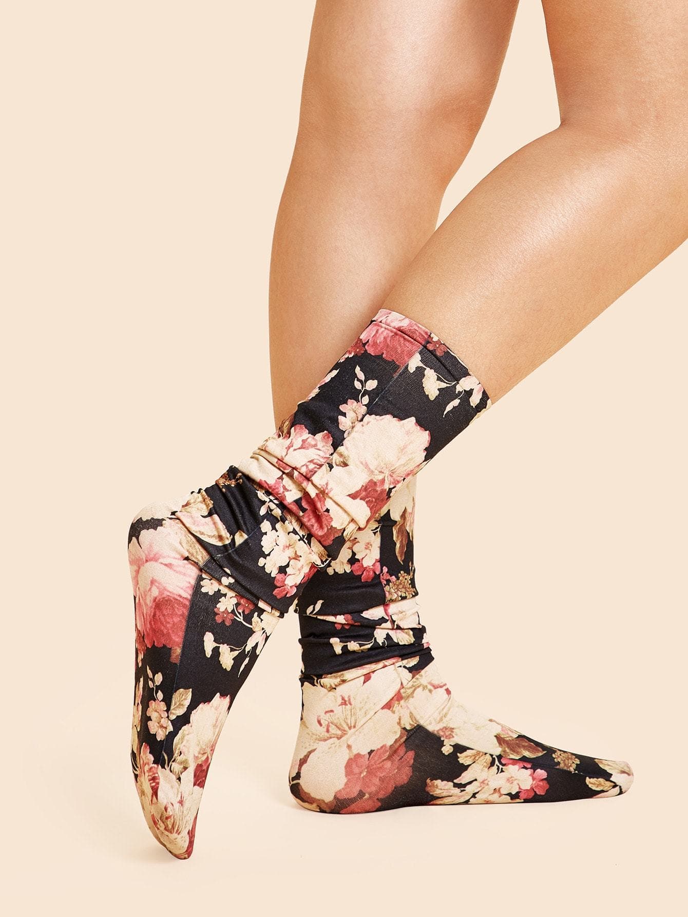 Multicolor Polyester Floral Print Socks 1pair